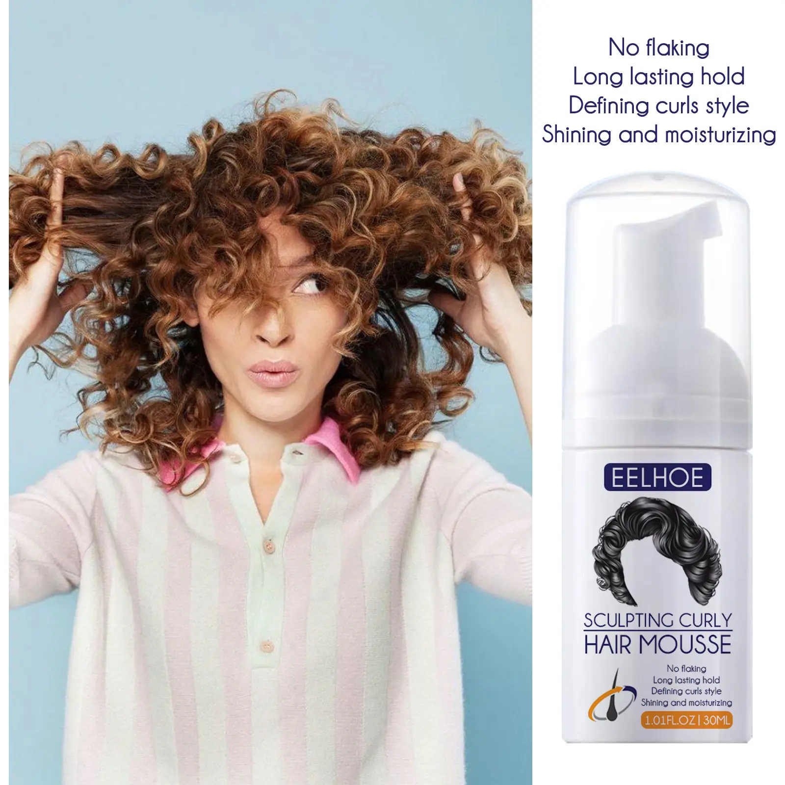 EELHOE Curly Hair Styling Mousse, Hydrating Care Foam for Fluffy Bouncy Natural Curls, Daily Shaping Product Gel