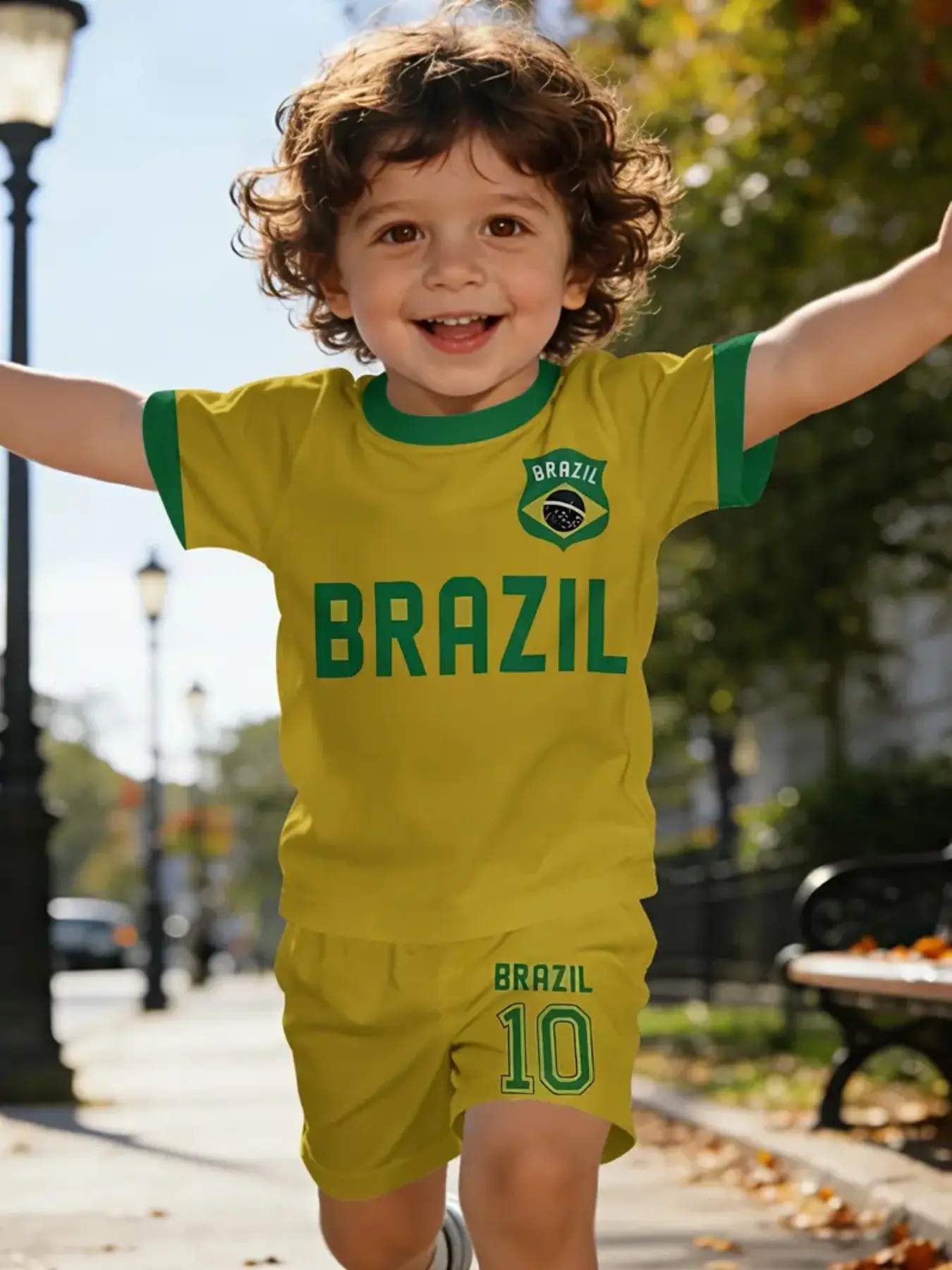Brazil Flag Print Kids Set, Boy Summer Breathable Short Sleeve Shorts Two-Piece, Casual Slim-Fitting Graphic Pattern, Summer Clothing Set, Children, Clothes Kids