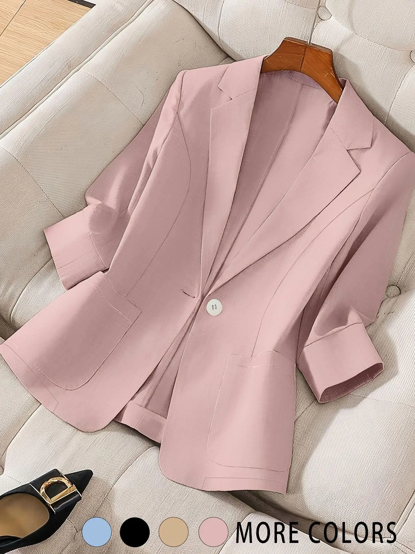 Women's Plus-Size Lightweight Basic Blazer, Classic Lapel Casual Jacket with Pockets, Spring/Summer Office Workwear