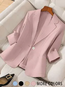 Plus Size Women's Plain Thin Basic Fashion Fit Jacket, Classic Lapel Design, Dual Pockets, Suitable for Spring Summer, Daily Commute Outdoor Wear