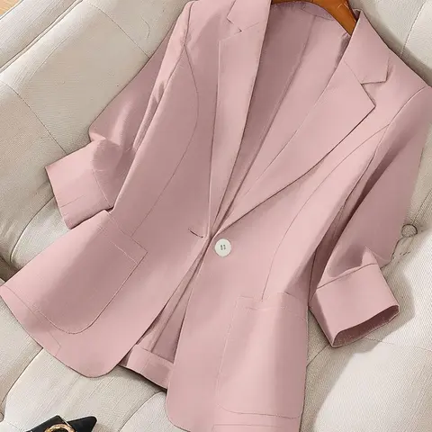【Plus Size 】Women's Plain Thin Fashion Jacket, Lapel Neckline Blazer, Classic Lapel Design, Dual Pockets, Suitable for Spring Summer, Daily Commute Outdoor Wear