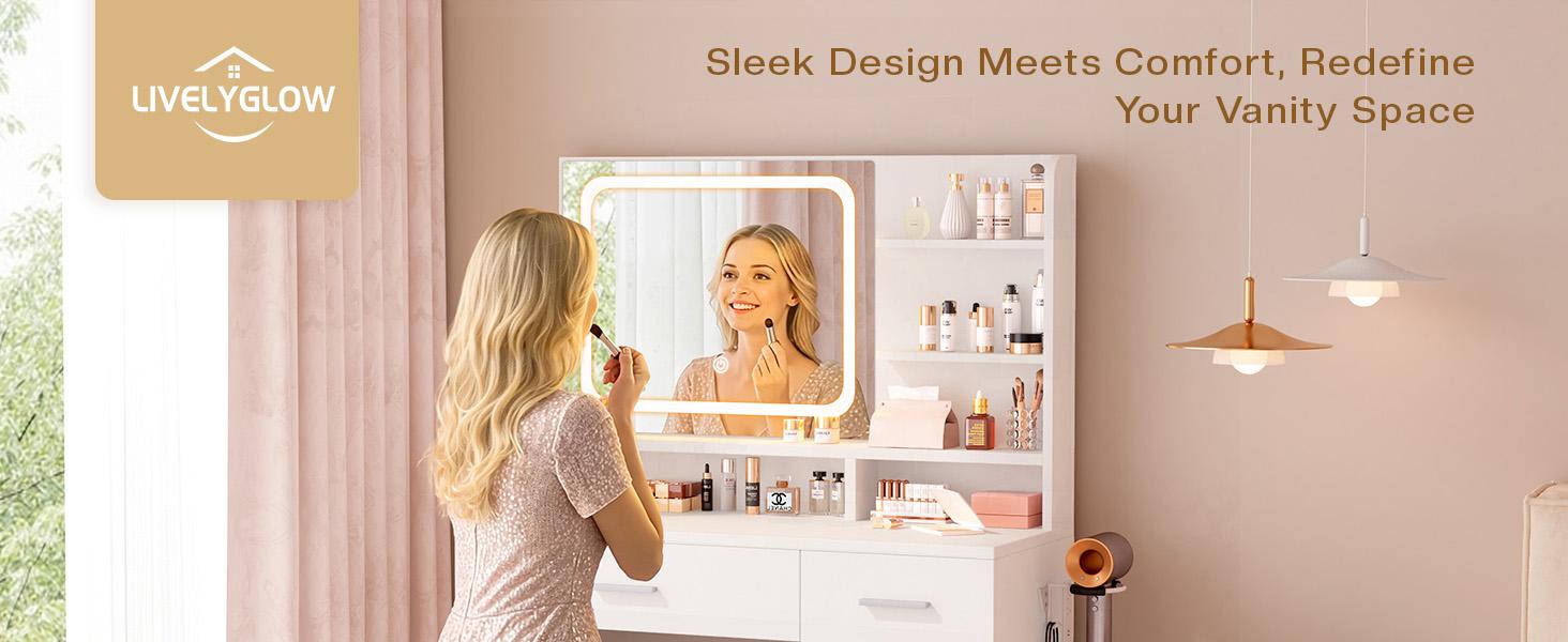 Makeup Vanity Desk with Smart LED Mirror & Charging Station 35.4" White Vanity Table Set with Cushioned Stool 4 Drawers Hairdryer Rack Modern Bedroom Dressing Table White chair light
