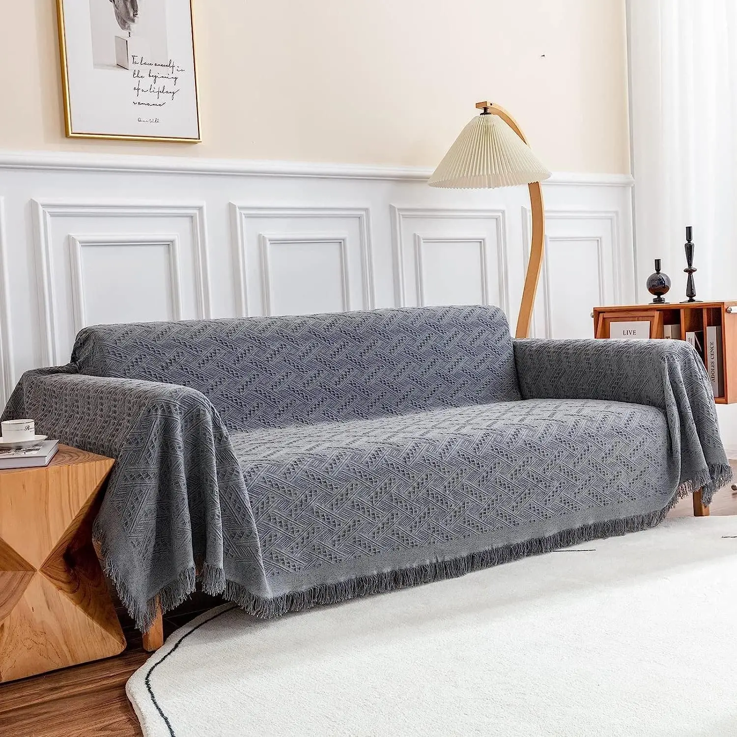 Sectional Covers for 3 Cushion Couch, Sofa Dogs, Geometrical Jacquard Fabric (X-Large, 71" x 118", Dark Grey)