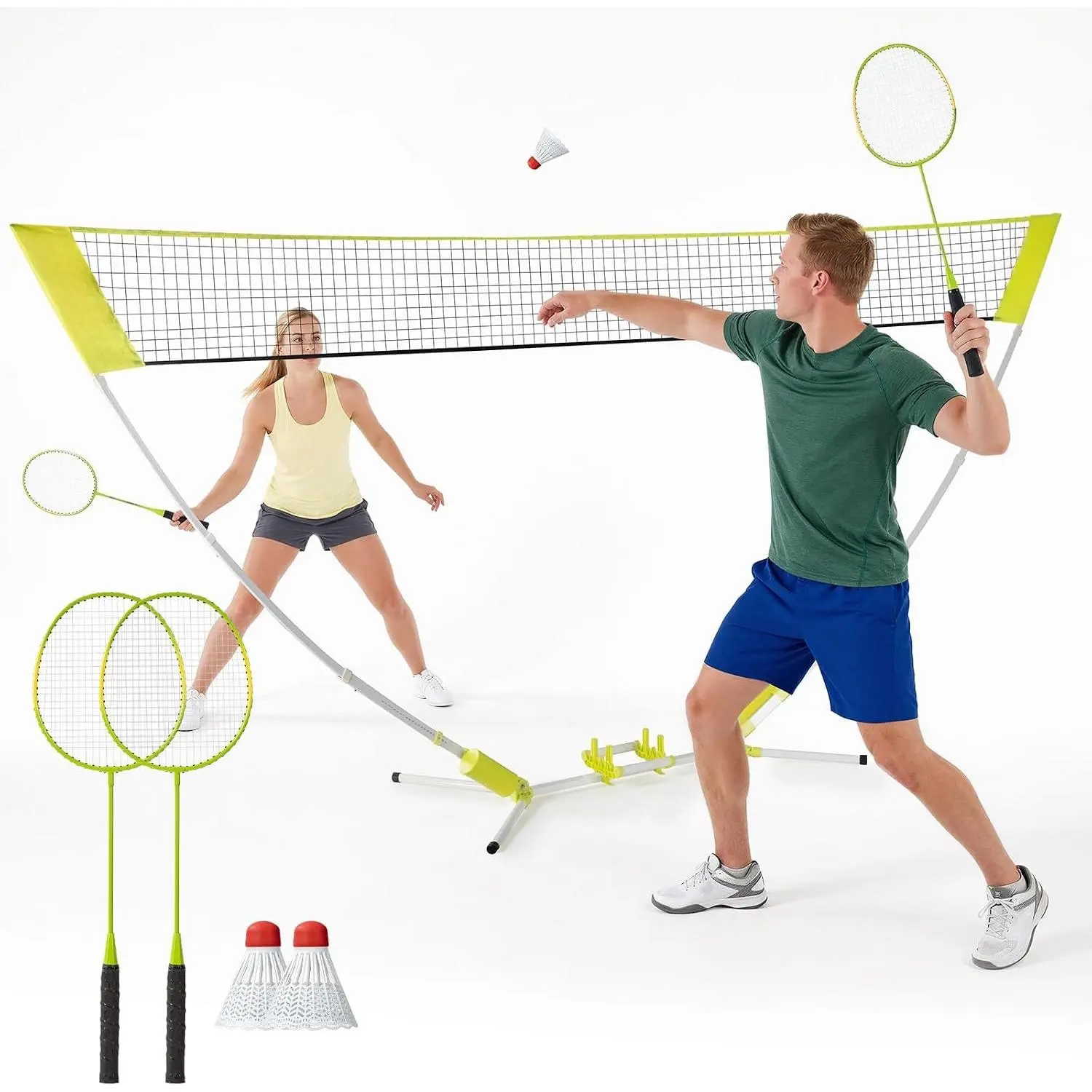 11 FT Badminton Net Set, Foldable Base, 2 Rackets & Shuttlecocks | Portable badminton net for backyard, lawn, beach and camping; includes 2 rackets and 2 shuttlecocks for family outdoor