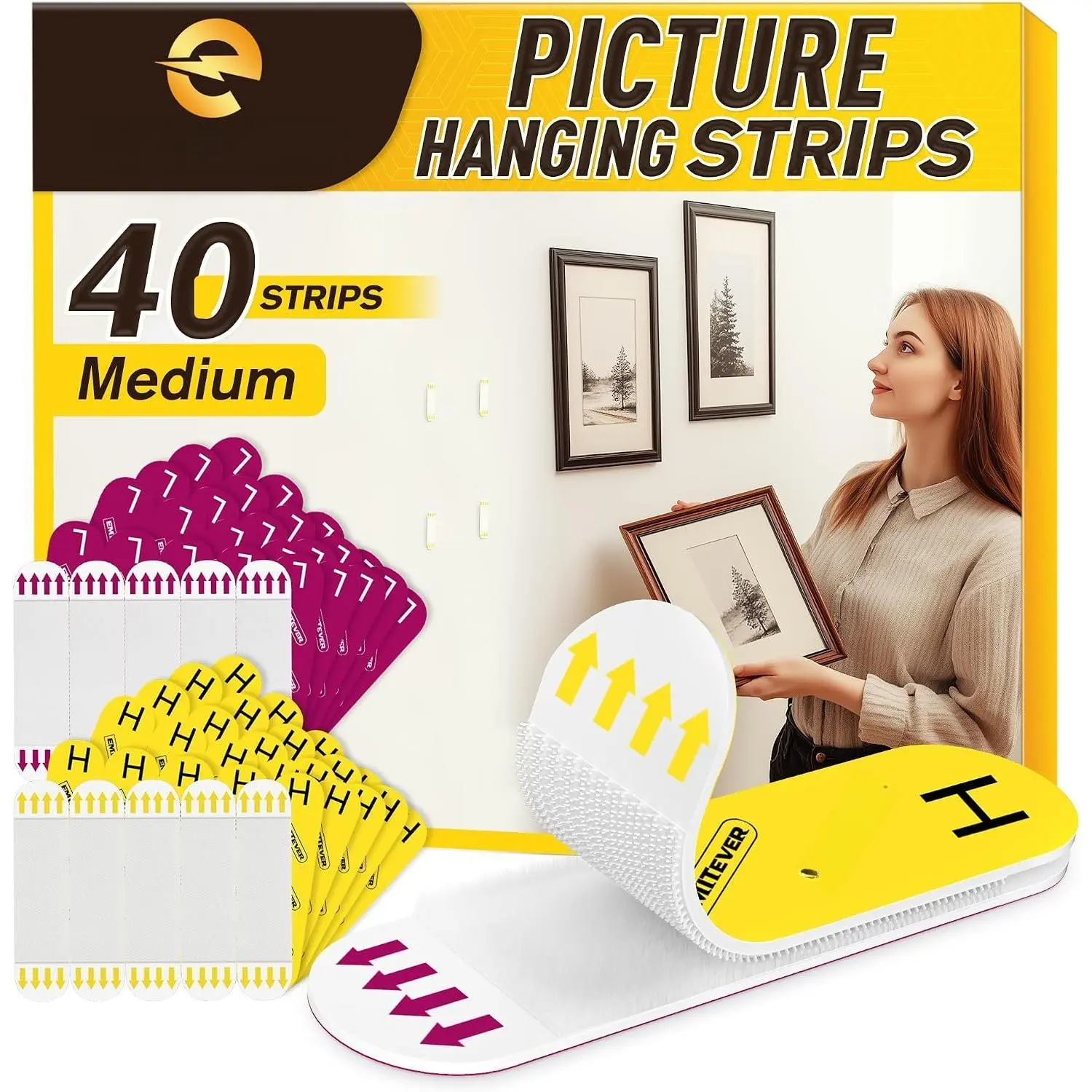 Picture  Strips Heavy Duty Picture Hangers for Wall 20Pairs |  Free  Hook & Loop Kit Without Nails, Medium Adhesive Wall Strip for Frame Poster Sticky 40 Strips