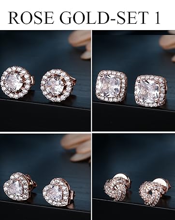 4 Pairs Trendy Sterling Silver CZ Stud Earrings for Women 14K Gold Plated Brilliant Celtic Heart Big Stud Earrings Set Cubic Zirconia Earrings Studs for Sensitive Ear