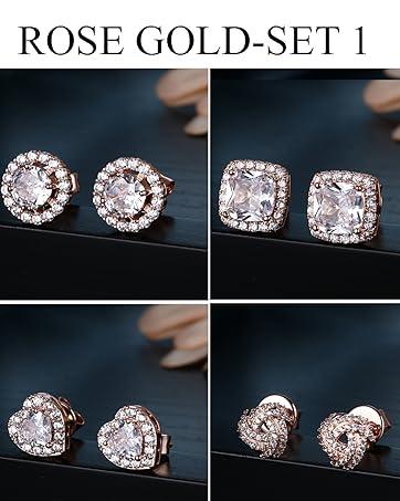 4 Pairs Trendy Sterling Silver CZ Stud Earrings for Women 14K Gold Plated Brilliant Celtic Heart Big Stud Earrings Set Cubic Zirconia Earrings Studs for Sensitive Ear