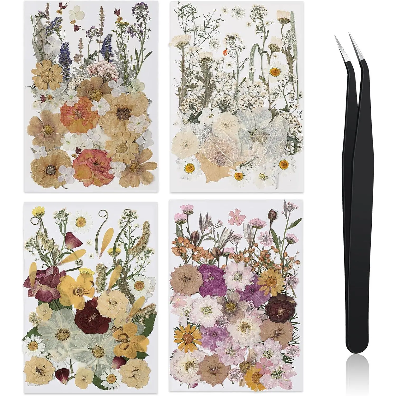 200 Pcs Pressed Flowers Bulk Dried Flower for Craft Resin Mold Bookmark Scrapbooking Nail Cake White Orange Natural Pressed Dried Floral with Tweezer DIY Gift(Classic Color,Retro Style)