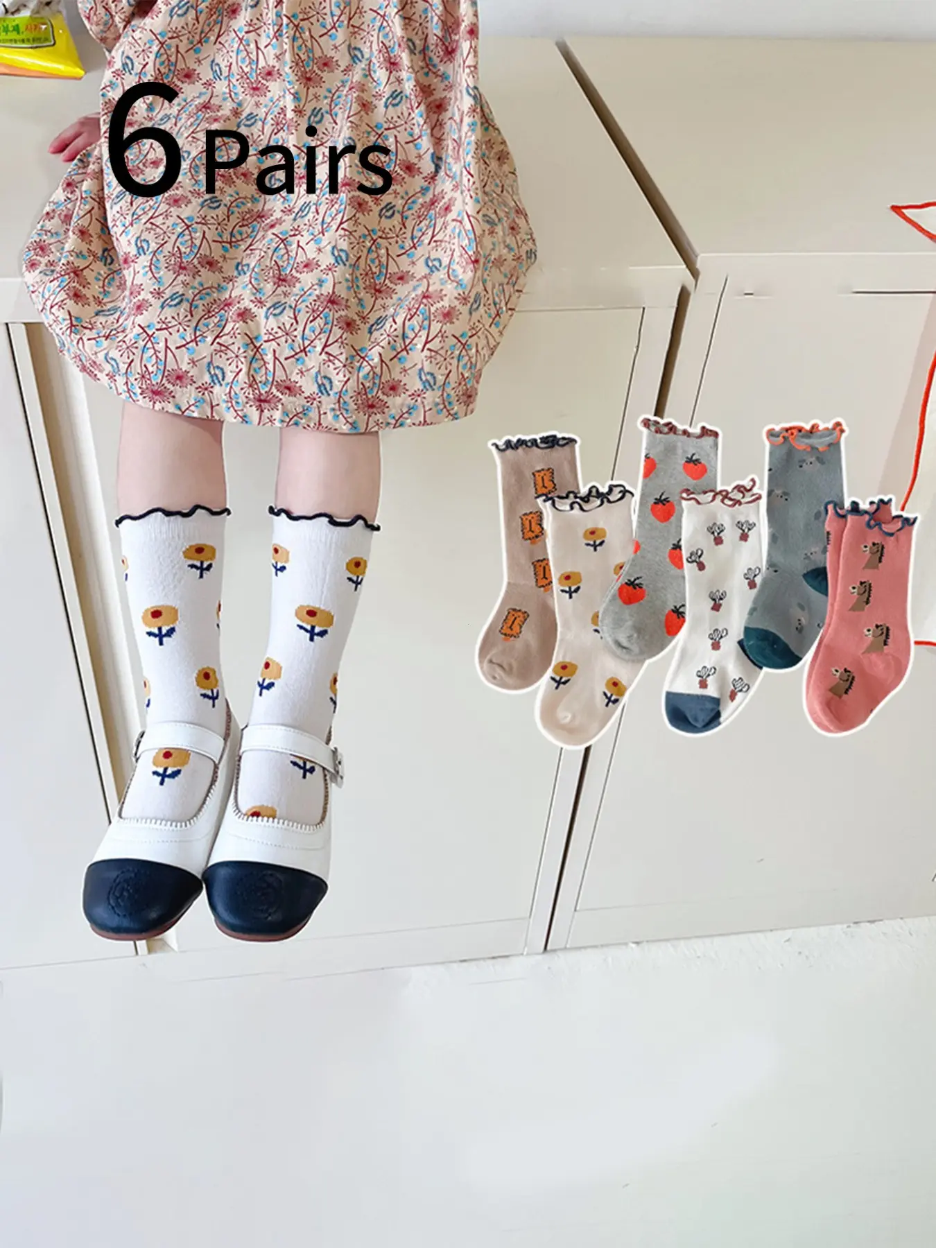 6 Pairs Girls' Crew Socks, New Mid-Calf Design, Korean Style Fruit Flower Animal Print, Fashionable Ruffle Ankle Socks, Knee-Length Princess Socks