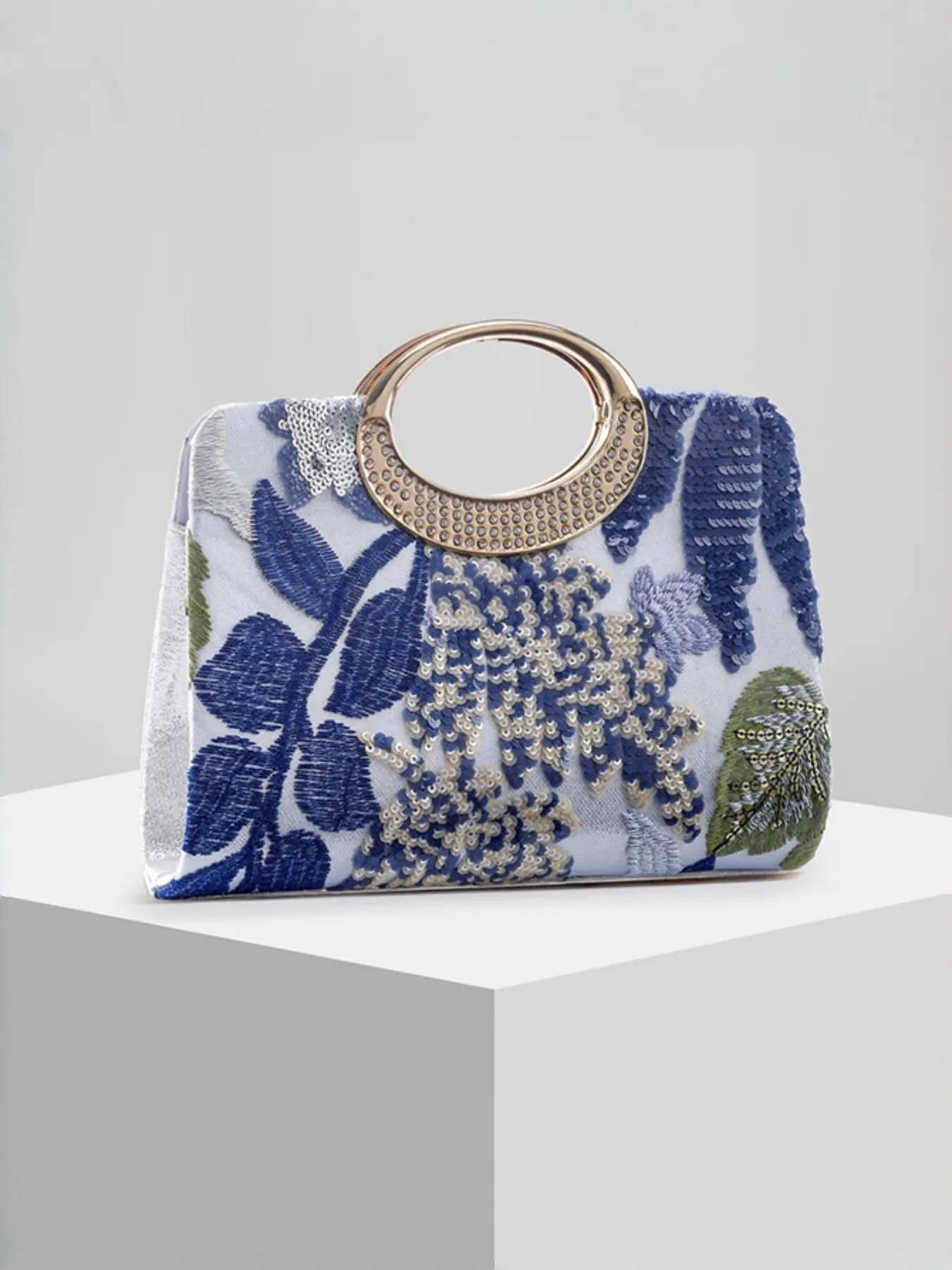 Viral TikTok Vintage Floral Sequin Embroidered Clutch Bag Rhinestone Ring Handle Evening Handbag Elegant Purse for Date Night Garden Wedding Party
