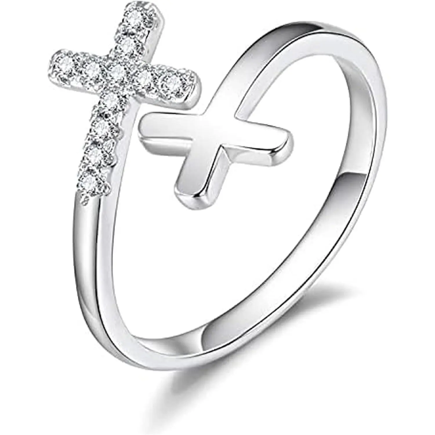 Dainty Cross Motif Ring for Women, Silver-Tone Inspirational Faith Jewelry, High Quality Christian Gift for Female Teens, Engagement Rings, White Cross Motif Rings
