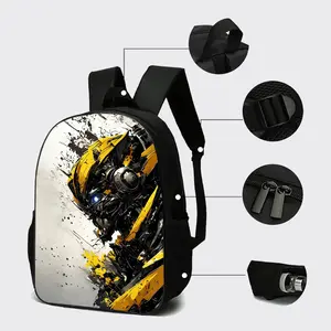 White Background Splash Ink Yellow Black Robot Mecha Head Blue Glowing Eye Print Large Capacity Backpack Water Resistant Unisex Kids Teen Student School Rucksack Breathable Mesh Padded Shoulder Straps Elastic Mesh Water Bottle Side Pocket Transformer Robo