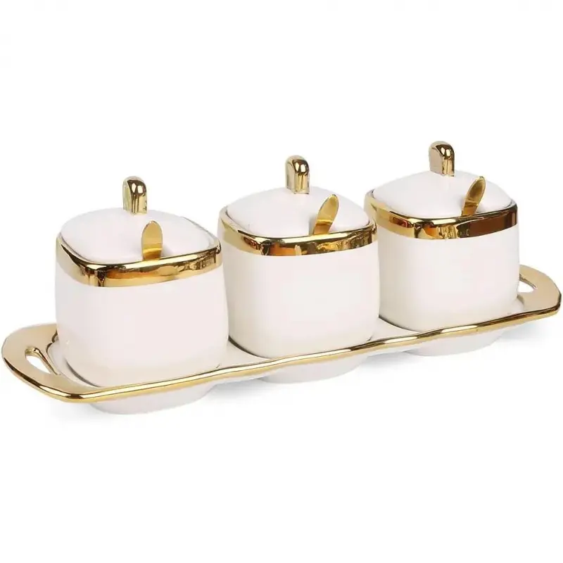 Ceramic Sugar Bowl with Lid and Spoon, Condiment Jars with Tray,Porcelain Salt Pots Set,Kitchen Spice Boxes,Modern Seasoning Sugar Container for Countertop and Bar,White