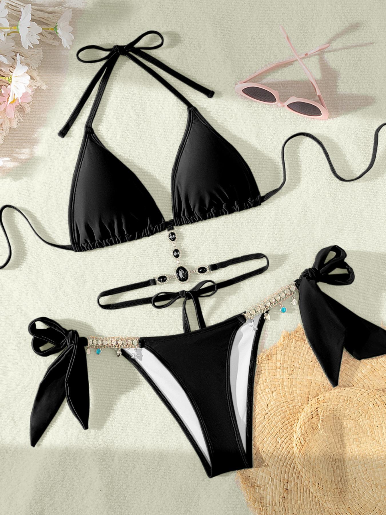 Women's Halter Tie Back Triangle Bra & Ring Linked Panty Bikini Set, Sexy Trendy Summer Swimsuit Set, Ladies Swimwear Rave Outfits, Beach Bikini Set, Solid Color Triangle Bikini Swimsuit Set,Women's Triangle Bikini with Back Tie,