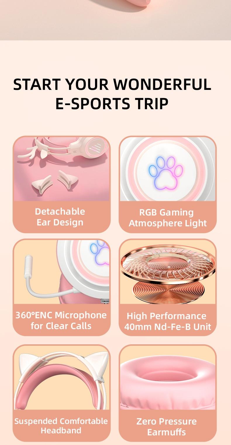 G35 High-Value RGB Gaming Headset with Cute Cat Ear Design, Wired Over-Ear Headphones for PC & Console Games, Multi-Scene Use, PC Gaming Accessories
