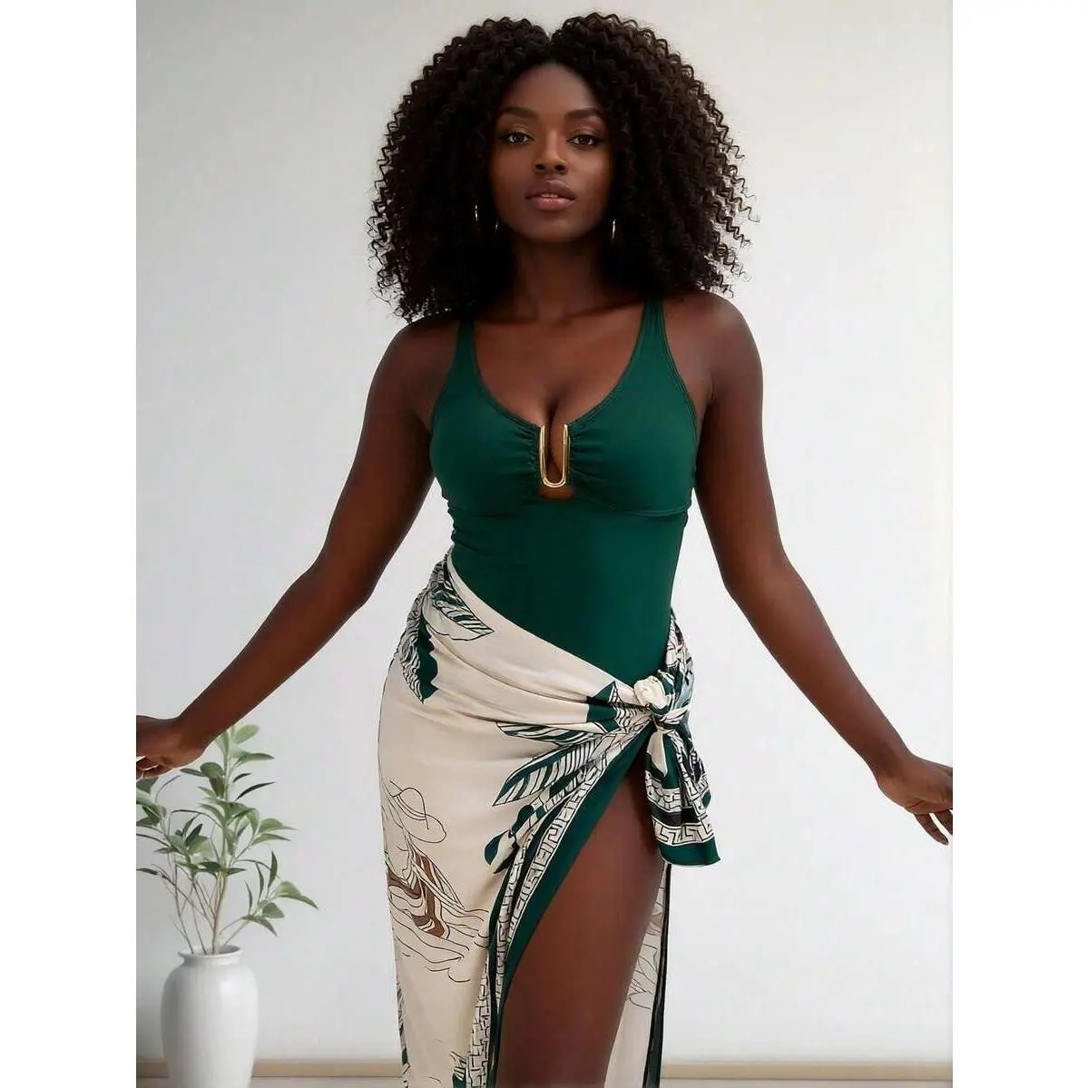 2026 New Dark Green U-Shaped Metal Buckle One-Piece Swimsuit + Botanical Print Sarong 2 Piece Set, Vacation Swimwear