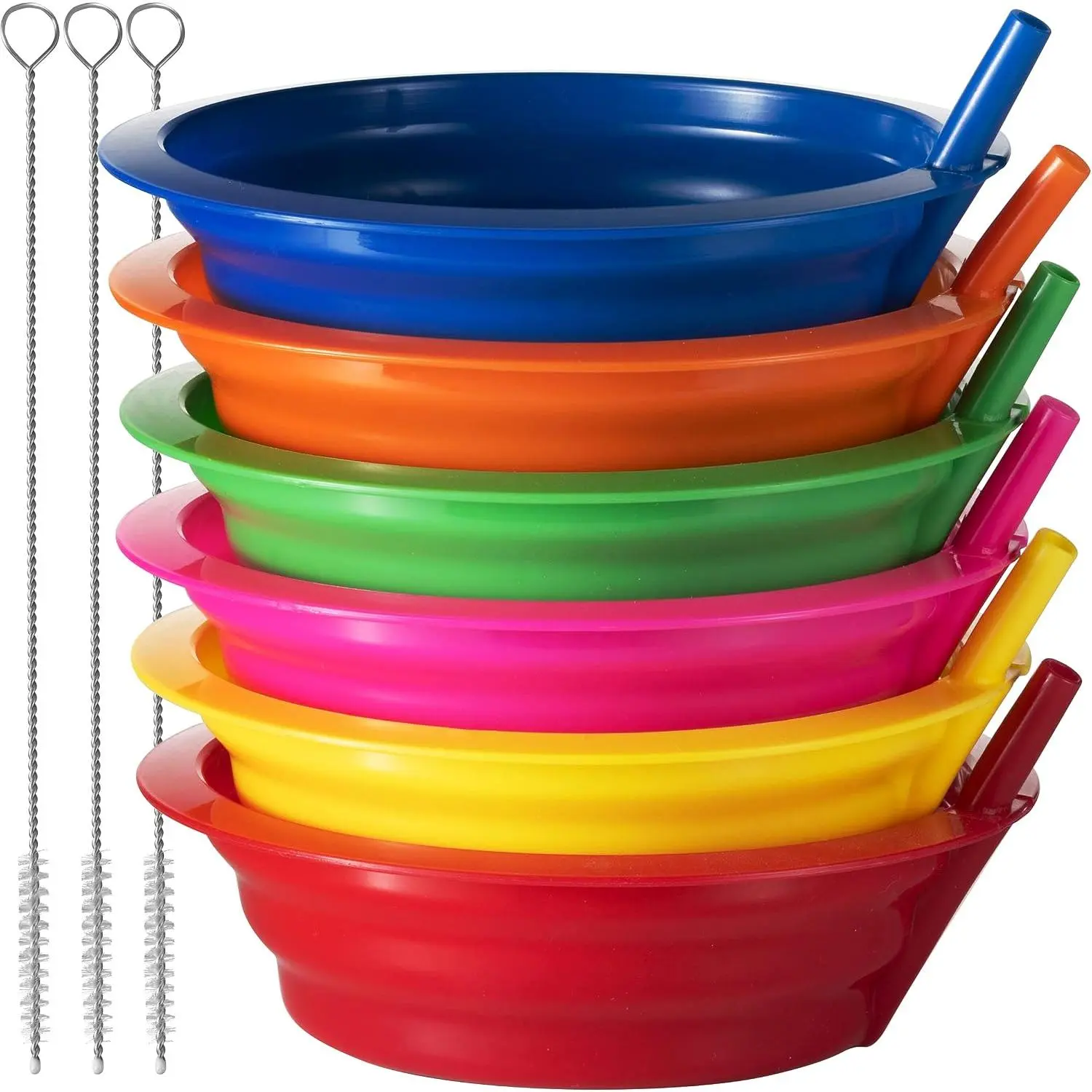 Lightweight 20 Oz Cereal Bowls Set (6-Count, 6-Pack) with In-Straws, Handy Plastic Tableware for Cereal, Soup, Oatmeal, Dishwasher & Microwave Safe, Includes 3 Cleaning Brushes