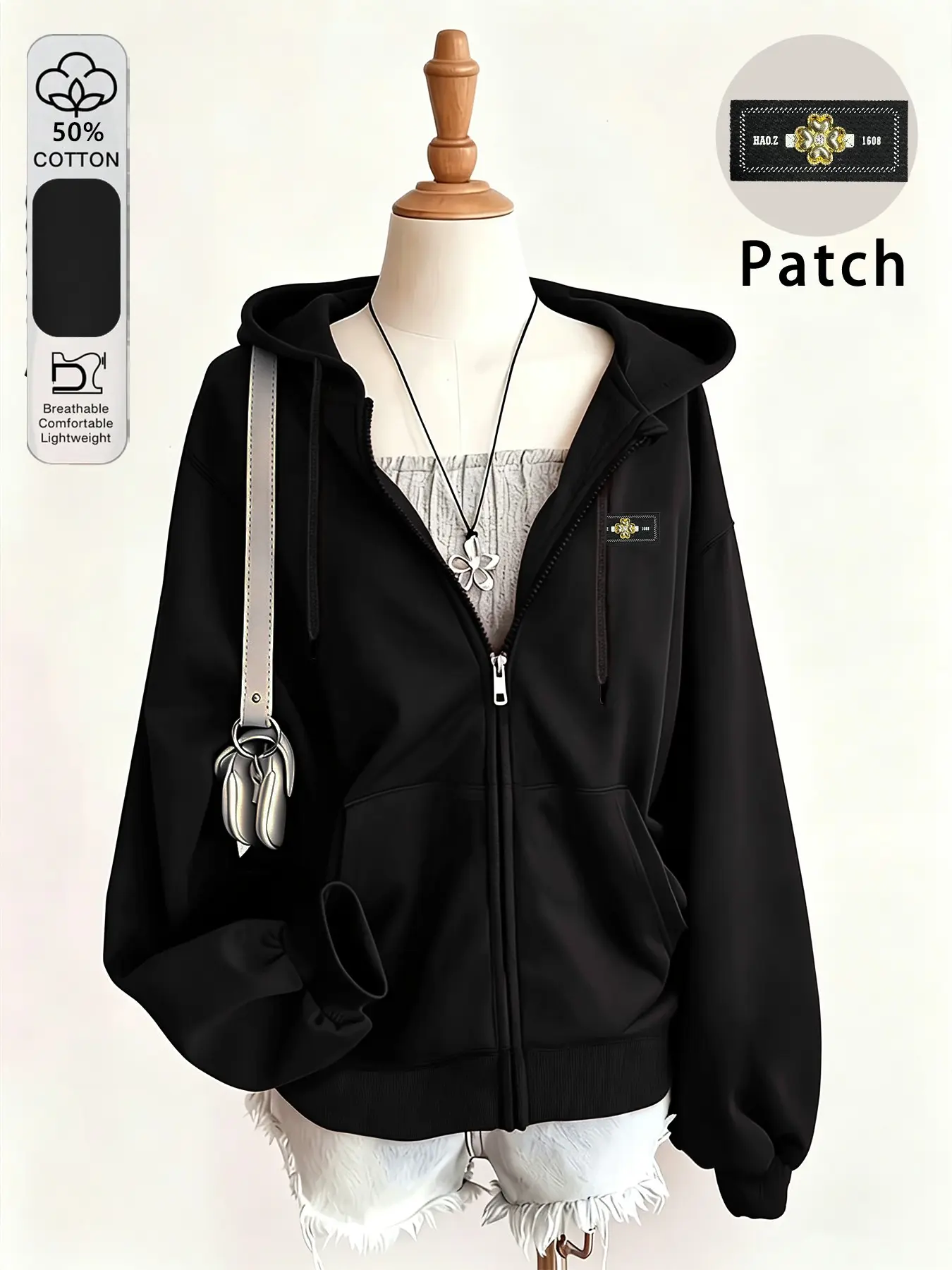Unisex American high-street retro relaxed style loose hooded cotton sweatshirt jacket with badge patch design. A trendy and simple streetwear piece, suitable for casual wear at home or as an outer layer. Perfect for Y2K campuses, back-to-school season, an