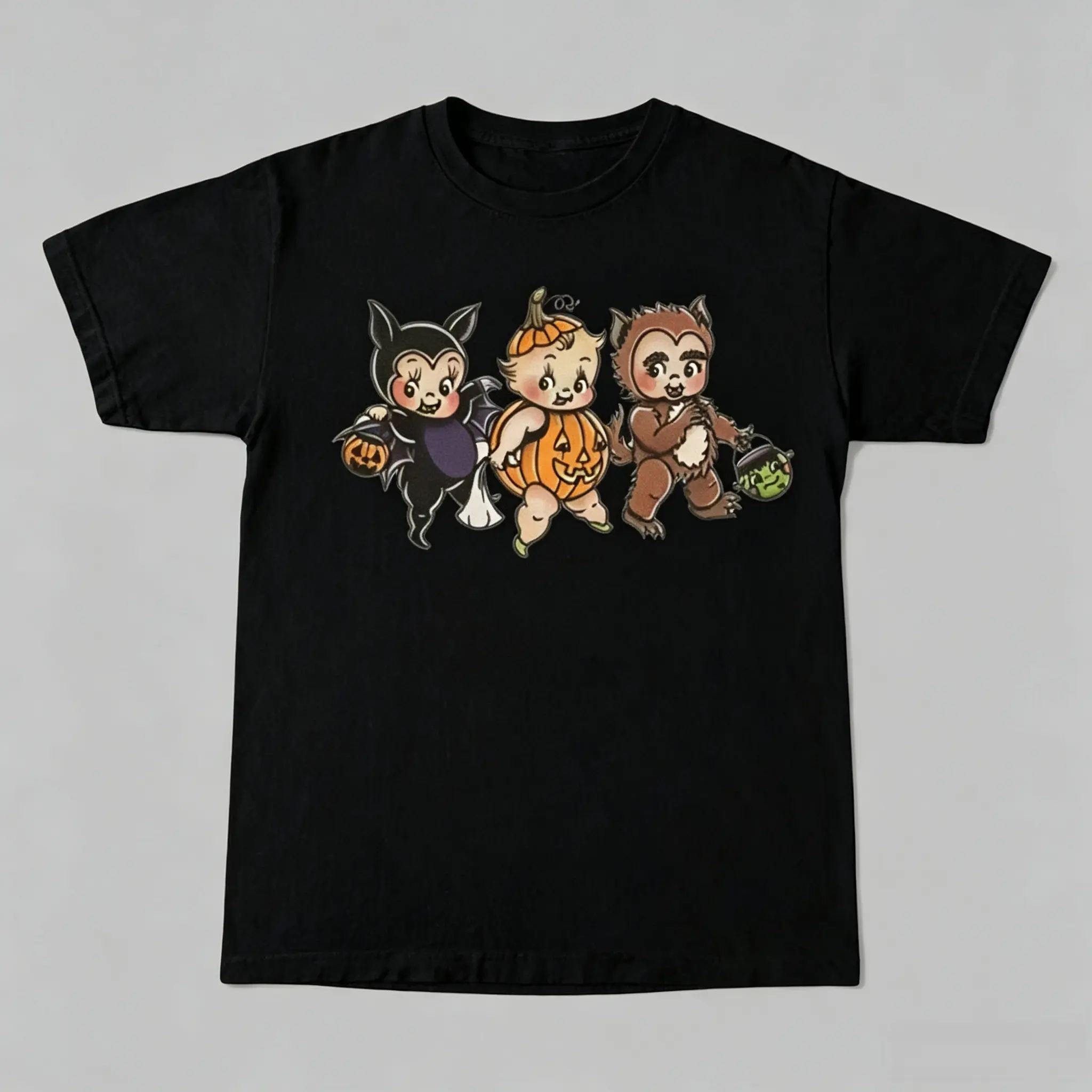 Kewpie Halloween Trick Or Treating T-Shirts, Retro Pumpkin Bat T Shirt, Kewpie Tshirt, Halloween Tshirt, Love Kewpie,  Meme Cringe Funny Dumb Shirts, Retro Funny Kewpie Tee, Kewpie Lovers Gift, Gift For Men, Gift For Women