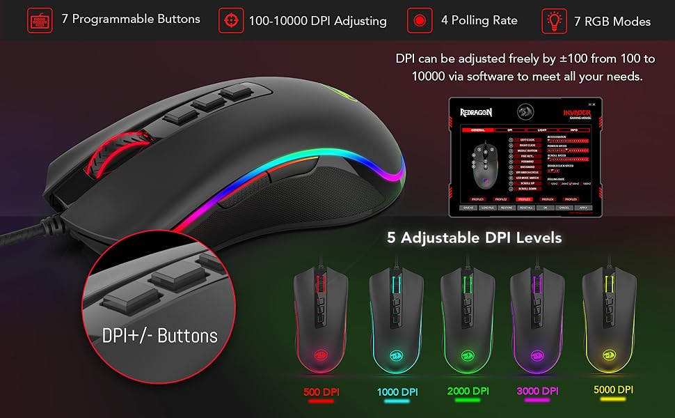Redragon M711 Cobra Gaming Mouse with 16.8 Million RGB Color Backlit, 10,000 DPI Adjustable, Comfortable Grip, 7 Programmable Buttons