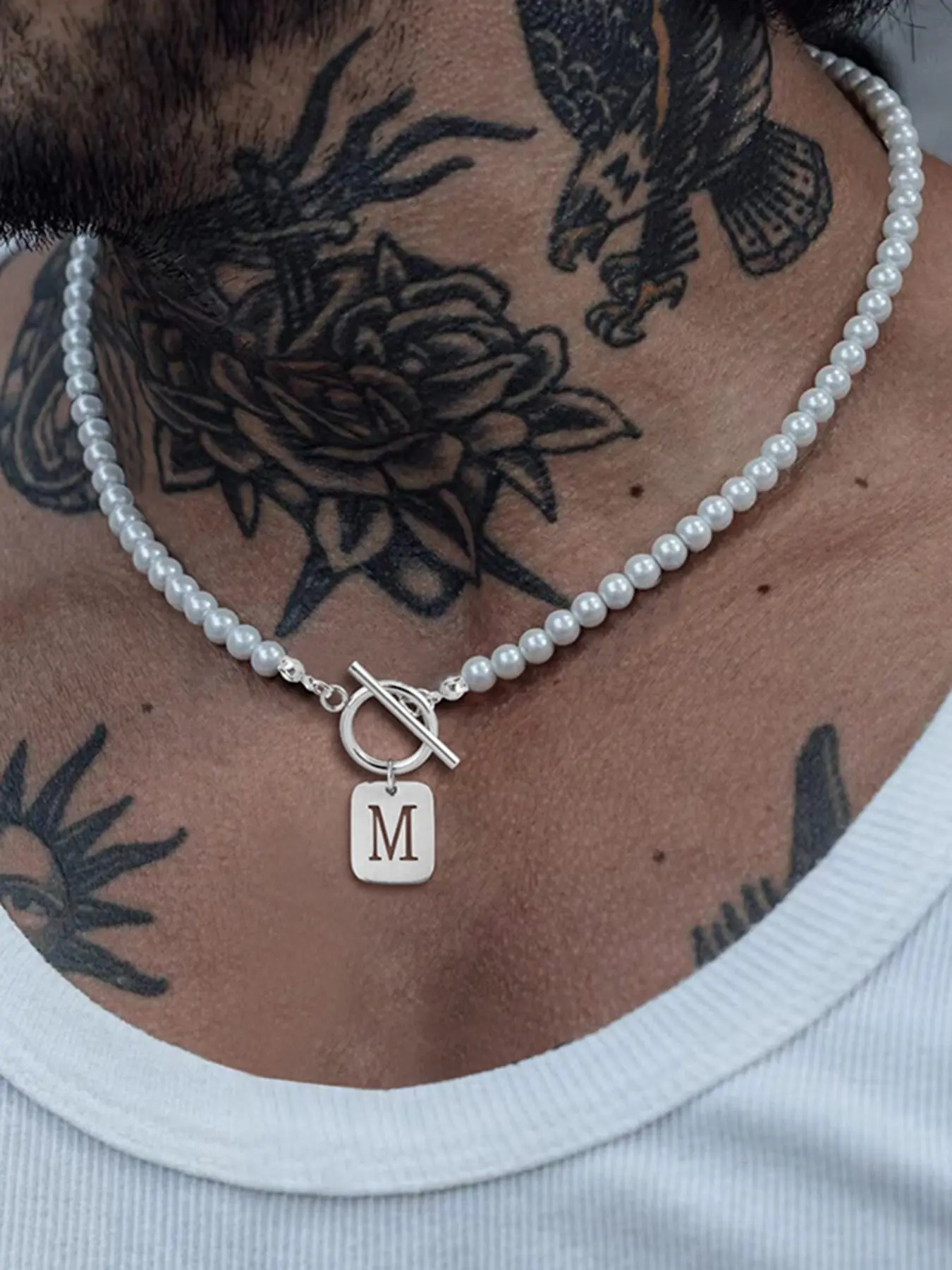 Men's Stainless Steel Rectangular Hollow Initial Toggle Clasp Pendant Necklace, Classic Artificial Pearl Beaded Men's Necklace Necklace Chain, Initial Necklaces