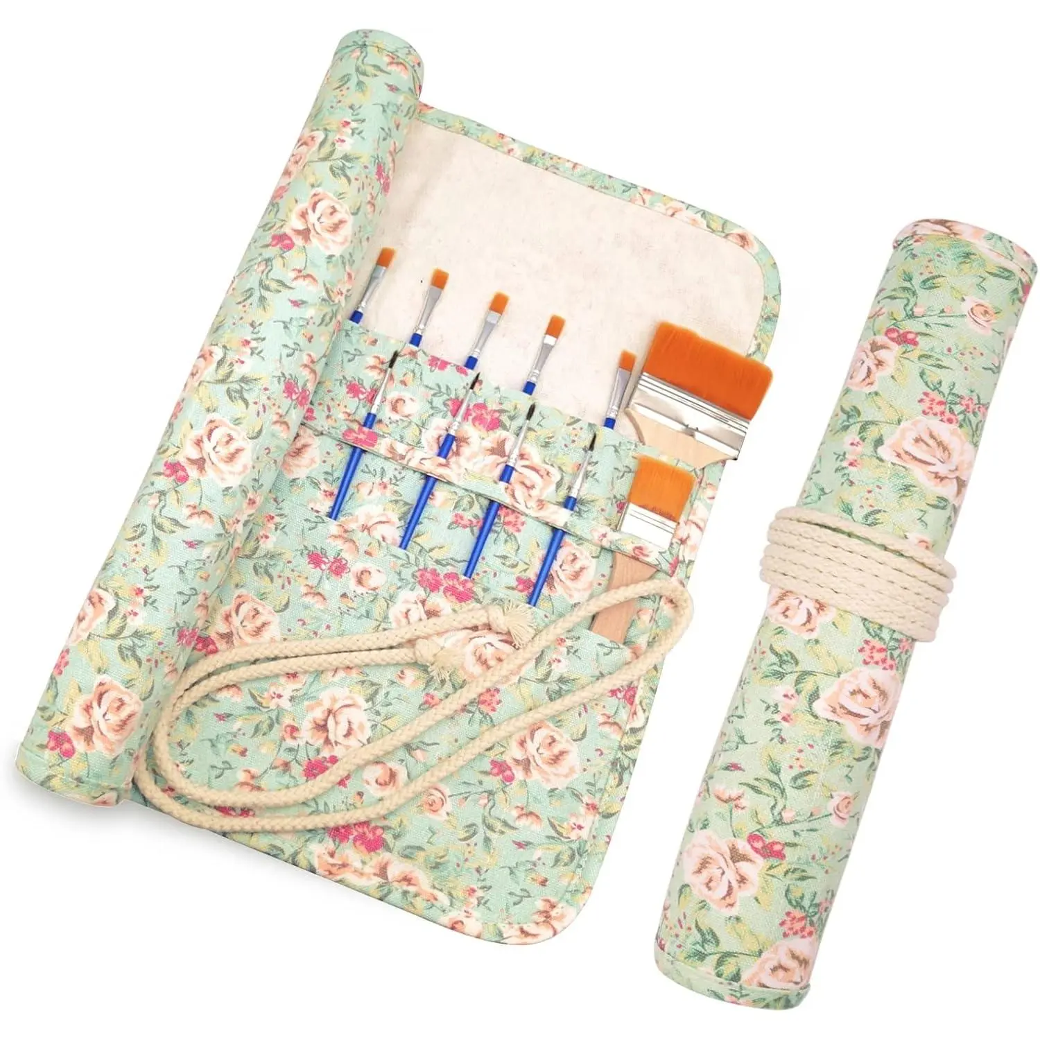 Paint Brush Holder Art Supplies Artist Brush Holder & Storage Organizer Roll-Up Case Bag Protect Acrylic Oil Watercolor Paintbrushes Pink Rose 20 Slot Pockets