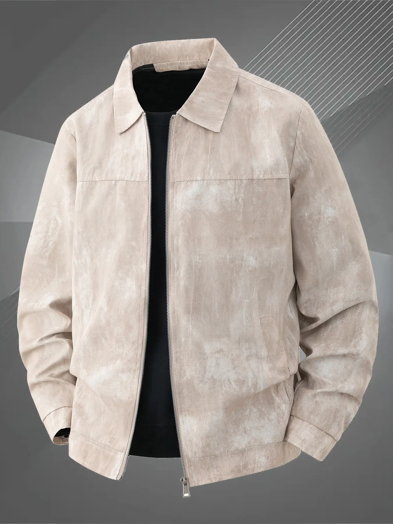 Men's Casual Jacket, Zip Closure, Lapel Collar, Tie Dye Pattern, Slim-Fit, Long Sleeve, Spring & Fall, Polyester