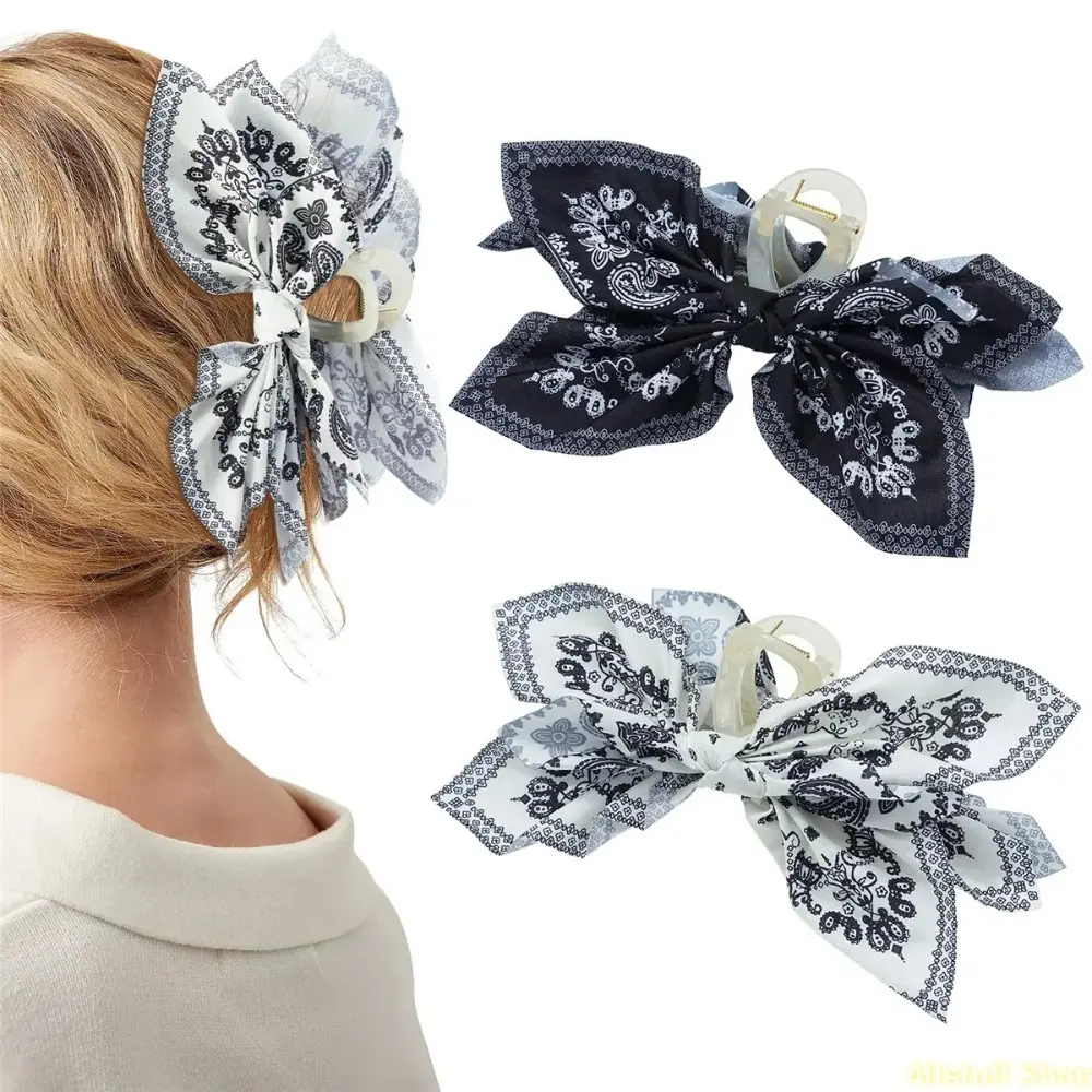 Women's 2-Pack 5.1" Large Paisley Bow Chiffon Butterfly Jaw Clips, Plastic Nonslip Strong-Hold for Thin & Thick Hair, Female Affordable Fashion for Birthday, Ceremony