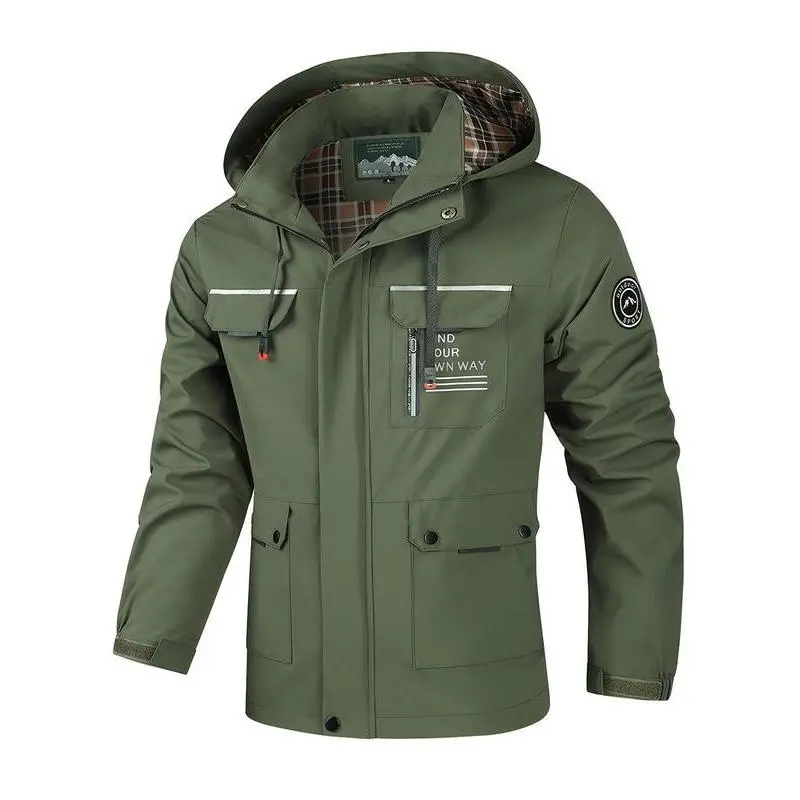 Men's Spring And Autumn Casual Workwear Jacket, Lightweight And Practical With Multiple Pockets, Thin Fabric, Detachable Hooded Pocket,Men's Outdoor Hooded Coat Beige Solid Color Trench Coat, Mens F Menswear Tops jackets