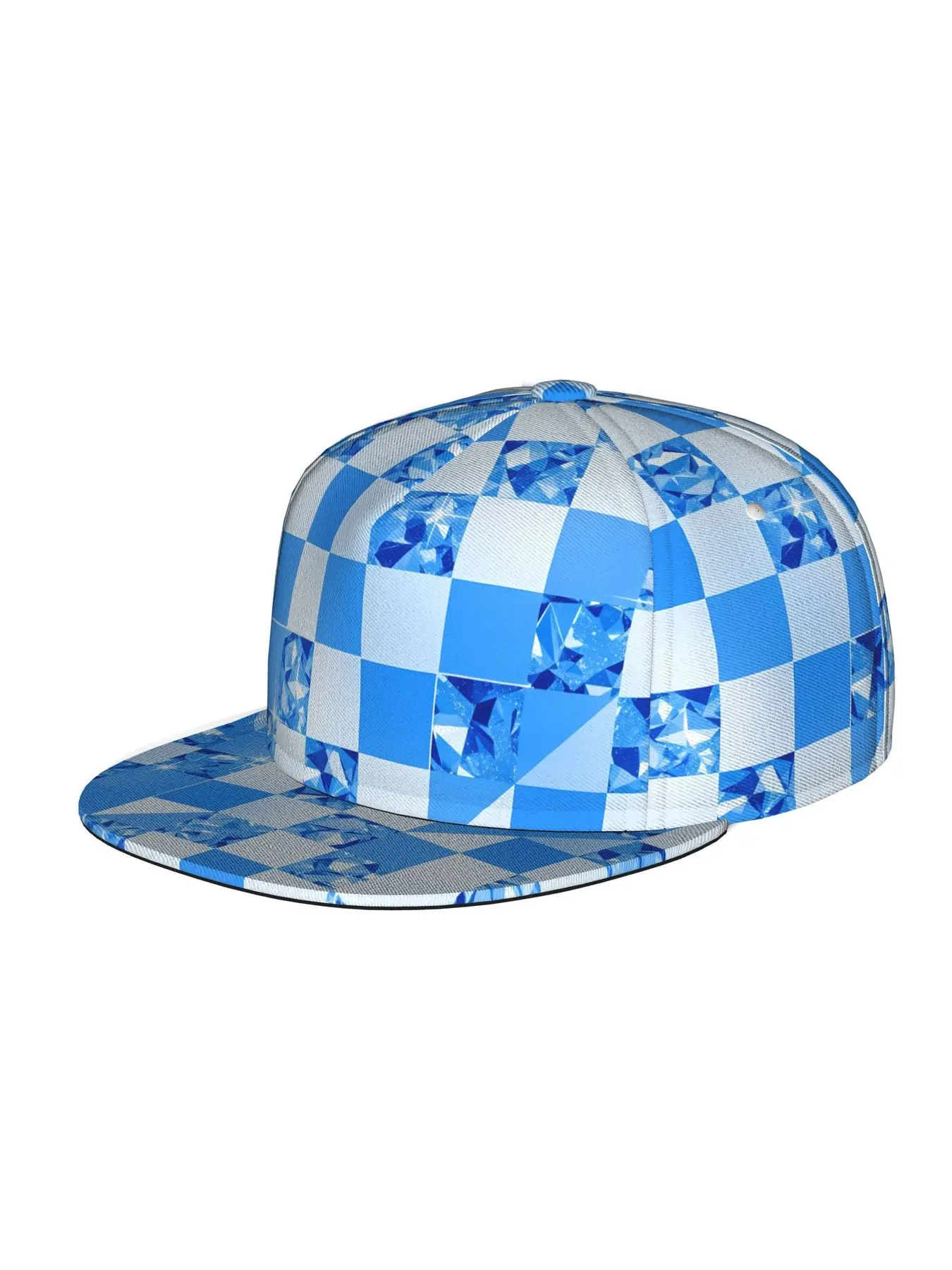 Blue and White Checkered Diamonds, Men Women Unisex Flat Brim Baseball Cap, Hip Hop Streetwear Snapback Trucker Hat for Skateboarding Dance Outdoor Sports, Adjustable Punk Style Sun Hat Snapback