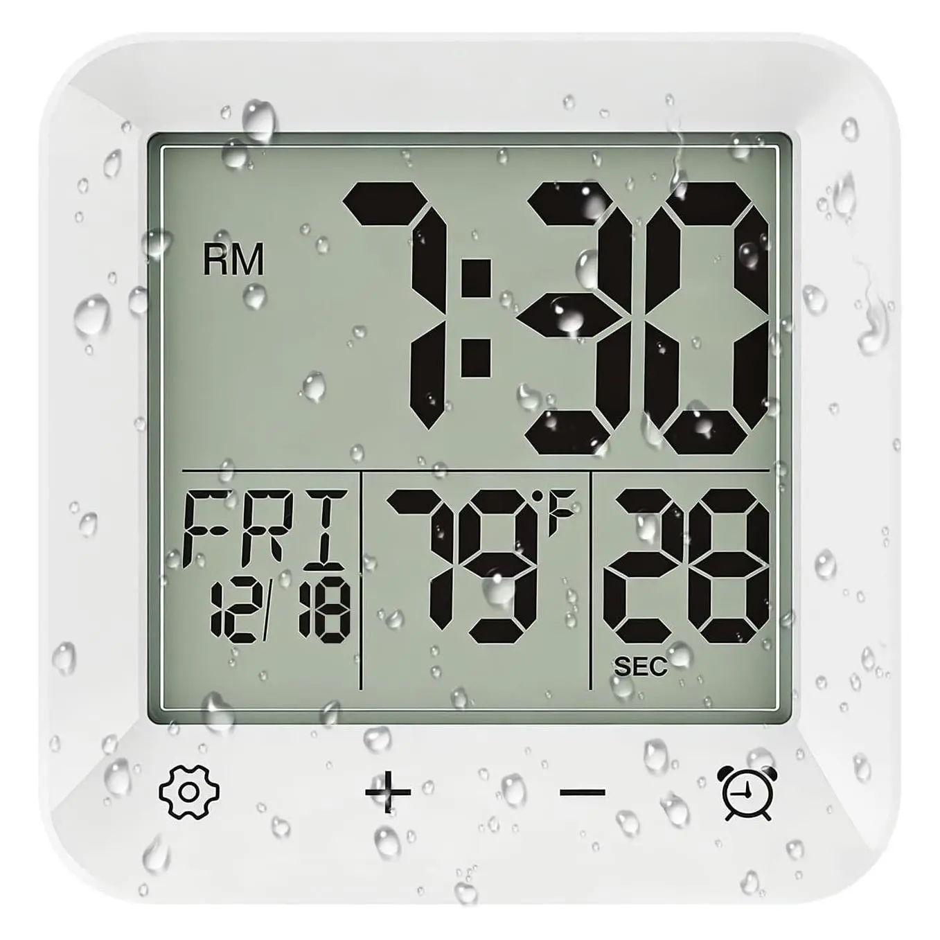 White Waterproof Bathroom Clock with Shower Timer and Countdown, Touch Screen LCD Display, Temperature, Suction Cup/Hanging Hole/Stand for Spa SaunaGift