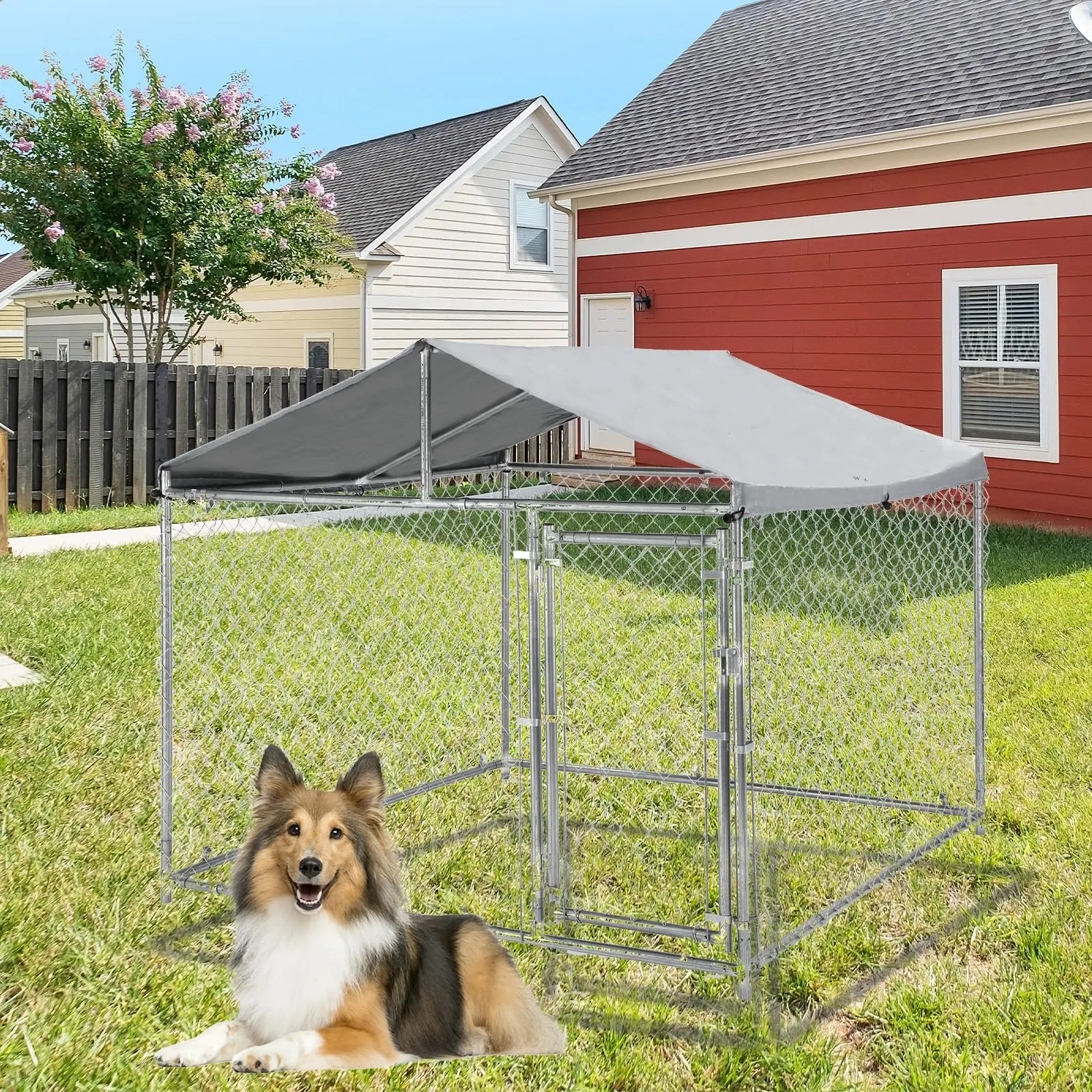 Garvee Heavy Duty Metal Dog Crates and Kennels with Lockable Wheels, Double Doors, Removable Trays, UV-Resistant Waterproof Covers, Secure Locks, Suitable for Medium to Large Breeds, Indoor and Outdoor Use