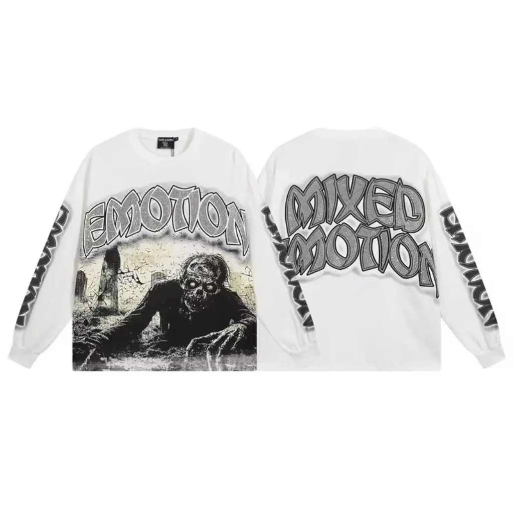 Unisex Mixed Emotion Skull Graphic Long Sleeve T Shirt Cotton Rhinestone Print Oversized Loose Fit Streetwear Top Y2K Vintage Style Casual Fashion Shirt for Men Women