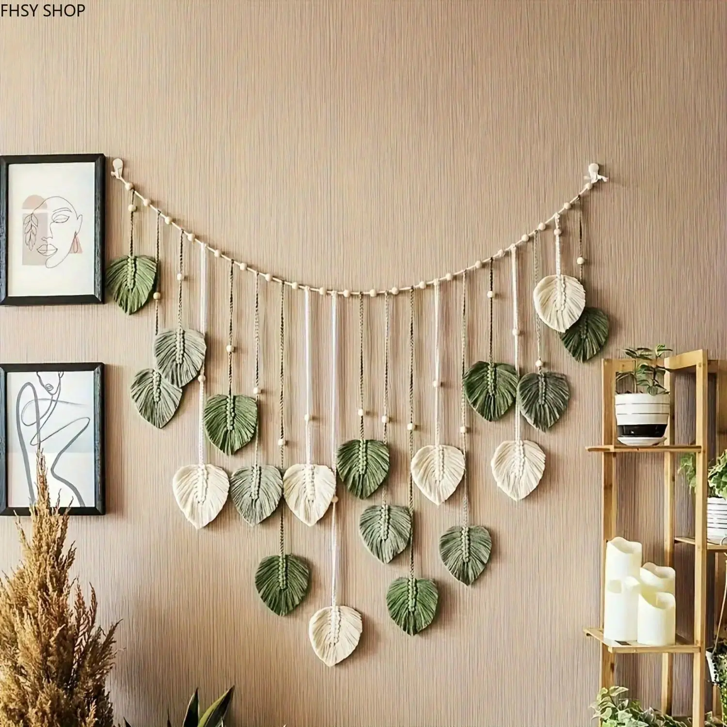 Large 51" Boho Macrame Wall Hanging Tapestry - Handwoven Cotton Leaf Decorative Hanging Piece, Hangable Interior Decoration with Layered Fringe & Beads for Minimalist Entryway, Ideal Gift