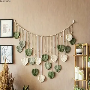Boho Macrame Wall Hanging - Large 51" Handwoven Cotton Leaf Decoration with Layered Fringe & Beads for a Minimalist Entryway