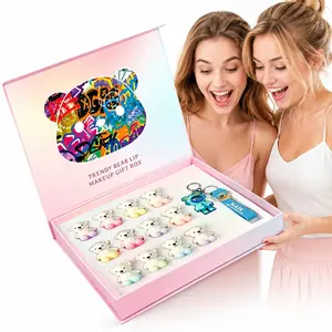 High-value girly lip gloss set with 12 glossy shades and gradient bear box. Comes with cartoon keychain. Wonderful present for festivals and girlfriends' birthdays.