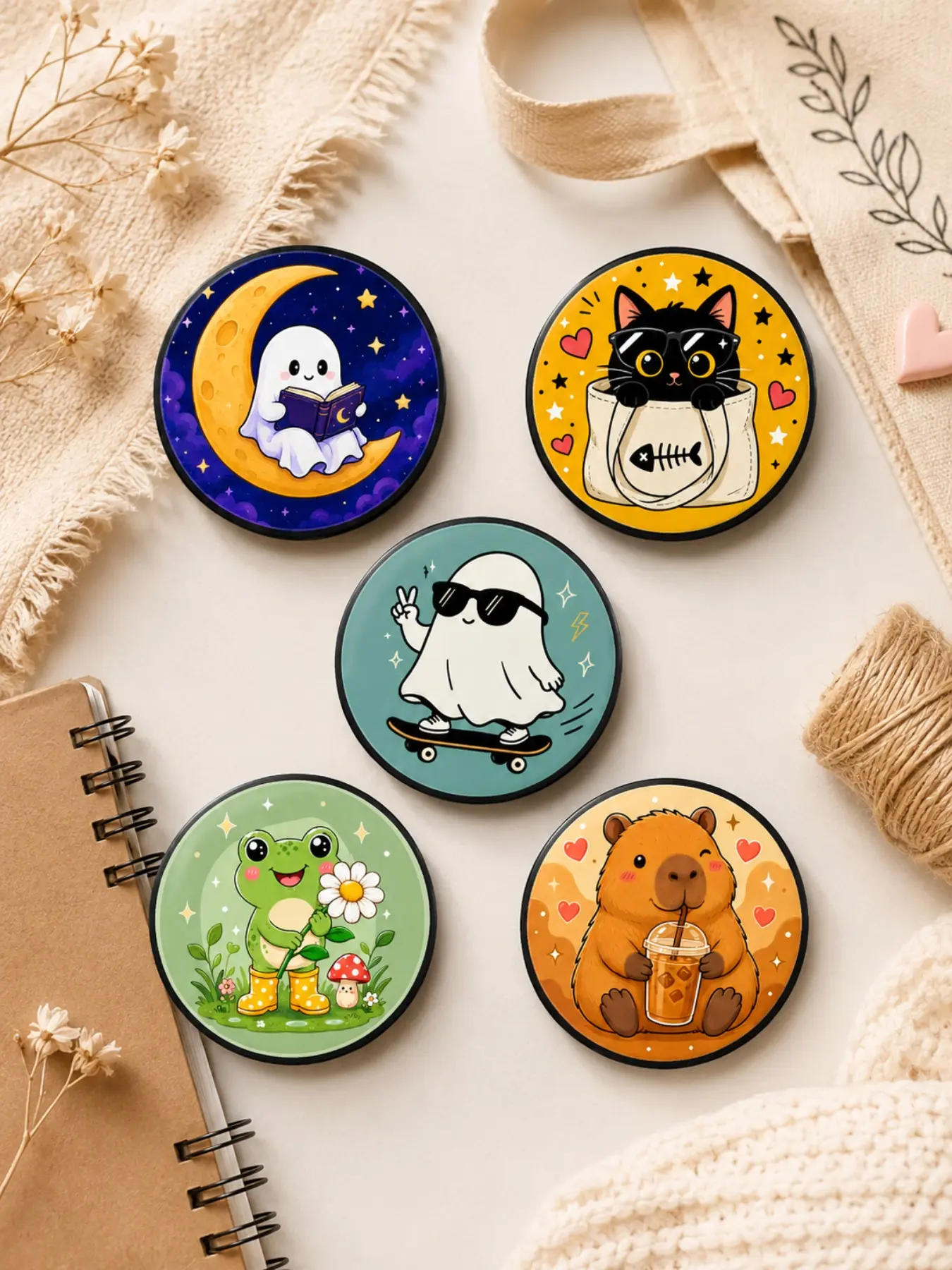 5pcs Kawaii Cartoon Button Pin Badge Set, Cute Ghost, Cat, Frog & Capybara Pins, Fun Gift Accessories for Backpacks, Jackets, Hats