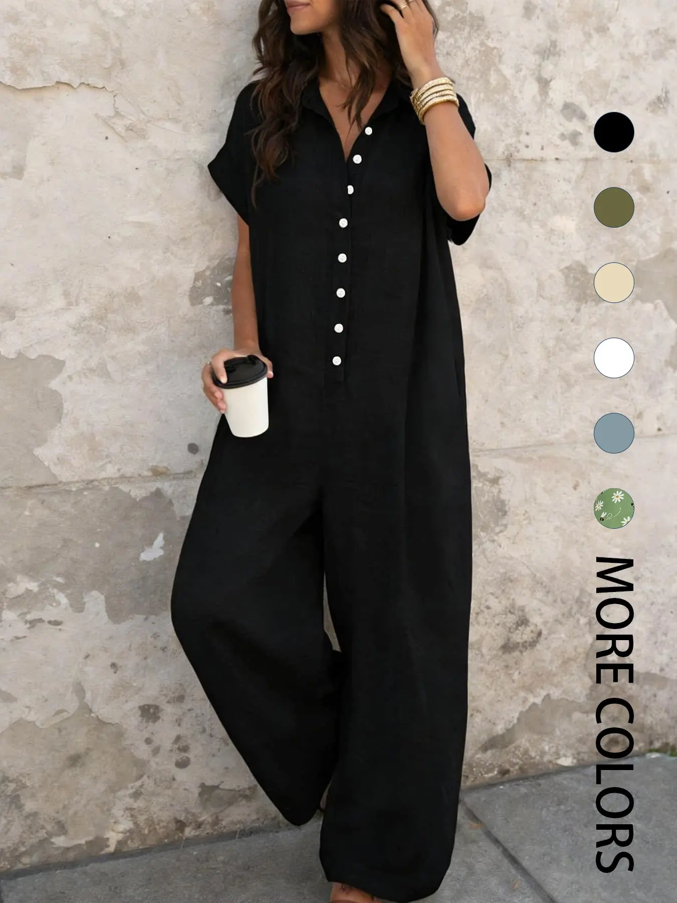 A lady's fashion French lazy-fit jumpsuit with a loose button-up design, featuring slimming wide-leg style. Perfect for summer, suitable for light social occasions, afternoon tea, vacation trips, commuting, and at-home wear. Solid Jumpsuits