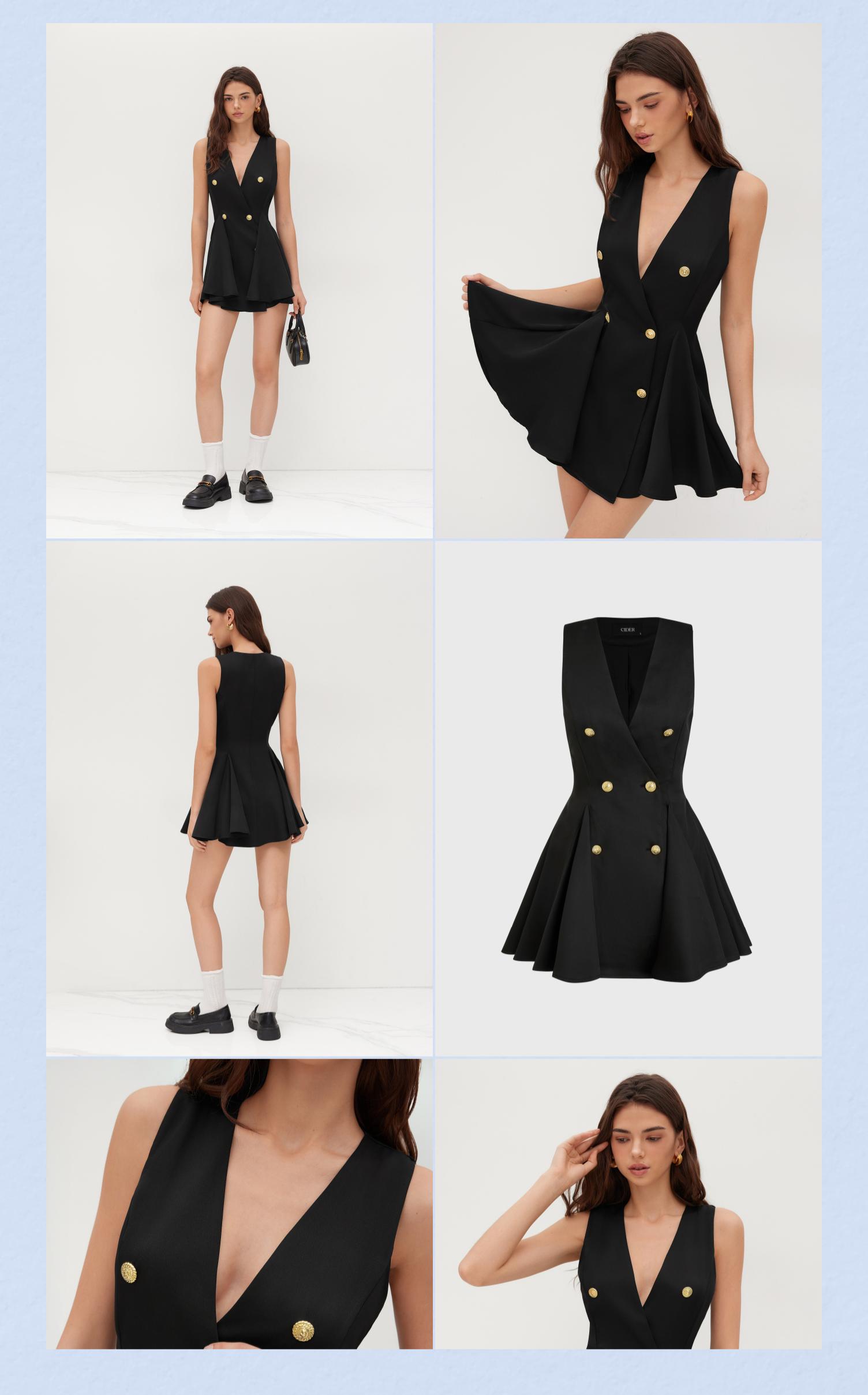 Cider V-neck Solid Button Ruffle Hem Mini Dress