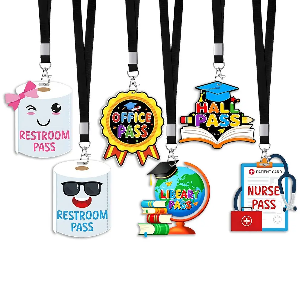 6 Sets Funny Cartoon Hall Pass Lanyards, Cute Lanyards for Id Badges, Durable Acrylic School Passes for Classroom, Hall, Restroom, Library, Office, Nurse Station, Teacher Supplies Gift
