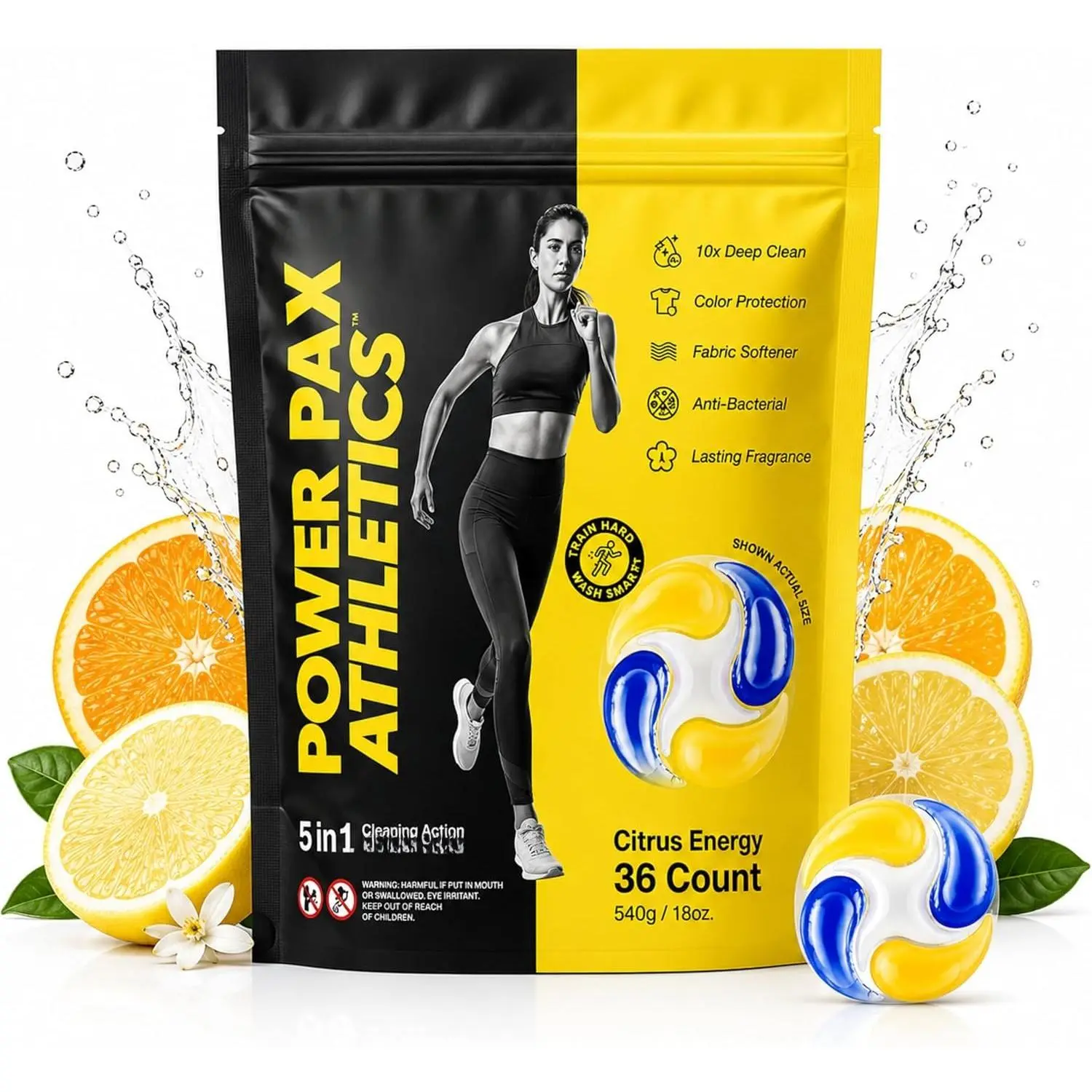 PowerPax Athletics  Detergent Pods, 36 Count 5-in-1 Washer Pods for Activewear & Everyday , Enzyme Stain & Odor Remover, Citrus Energy, HE Washing Machine Pods