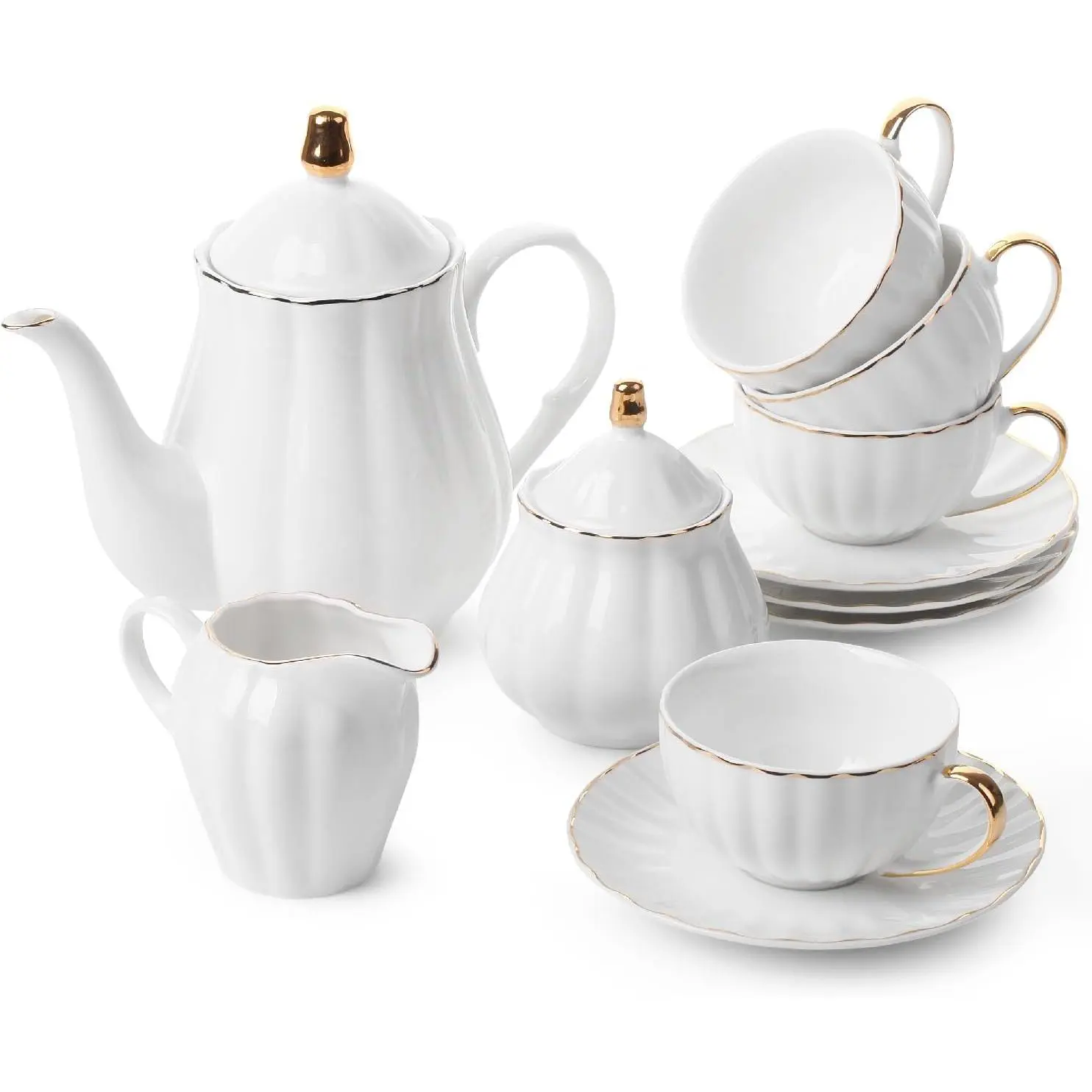 BTT- Clssic te set, 13 count, Te Cups (7oz), Te Pot with Stinless Steel Infuser (32oz), Cremer nd Sugr Set, Porcelin Te Set, White Te Set, Te Pot Sets with Cups