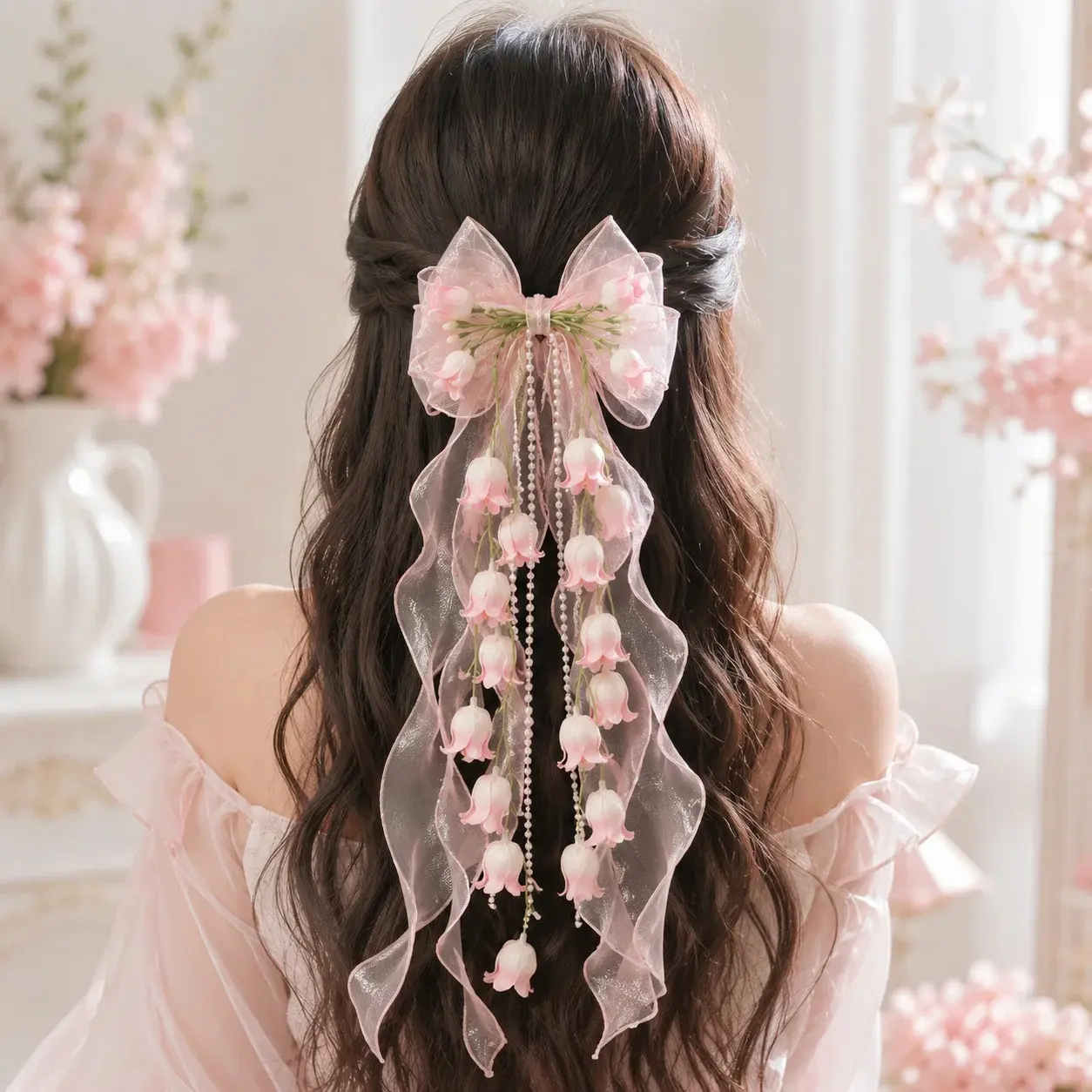 Fairy Floral Bow Hair Clip for Women, Organza Ribbon Flower Tassel Hair Accessory, Y2K Elegant Romantic Statement Hairpin, Soft Sheer Bow Hair Claw for Girls, Party, Wedding, Photoshoot & Daily Wear, Lightweight Aesthetic Hair Ornament for Modern Feminine