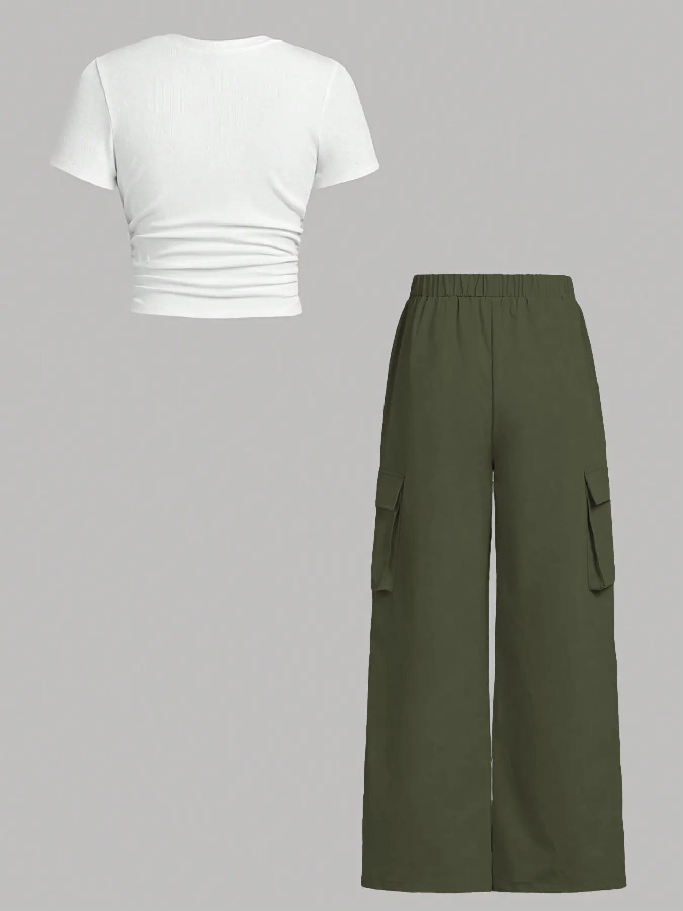 Women's Solid Ruched Ribbed Tee Top & Pocket Cargo Pants Two-piece Set, Street Fashion Casual Short Sleeve T-shirt & Elastic Waist Trousers for Daily Wear, Ladies Two-piece Outfits for All Seasons Womenswear