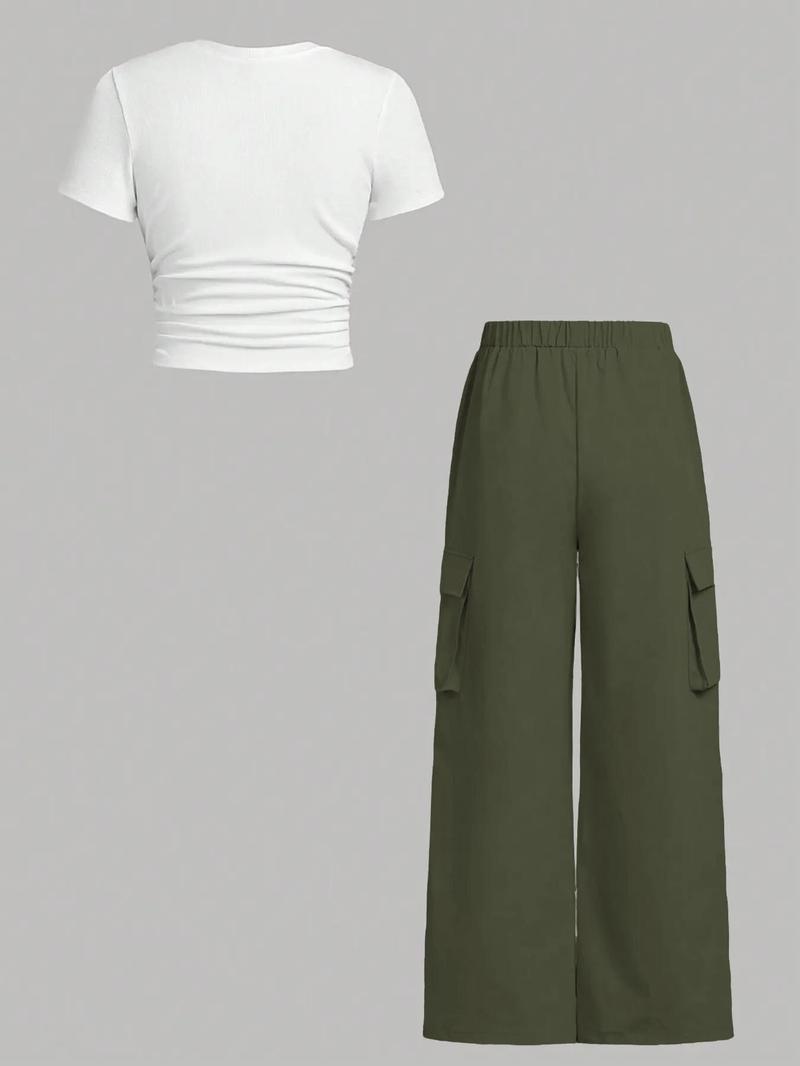 Women's Solid Ruched Ribbed Tee & Pocket Cargo Pants Two-piece Set, Street Fashion Short Sleeve T-shirt & Elastic Waist Trousers for Daily Wear, Ladies Two-piece Outfits for All Seasons