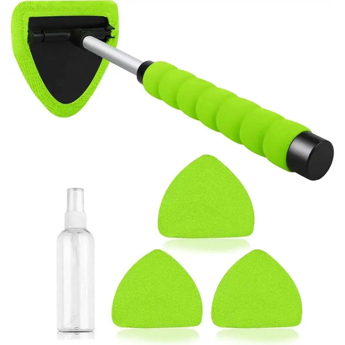 Car Glass Cleaning Kit for Car Owners - Extendable Windshield Cleaner Tool, 3 Reusable Microfiber Pads, Spray Bottle, Streak-Free, Safe for All Surfaces, No-Scratch Auto Interior Window Cleaner, Microfiber Cloth