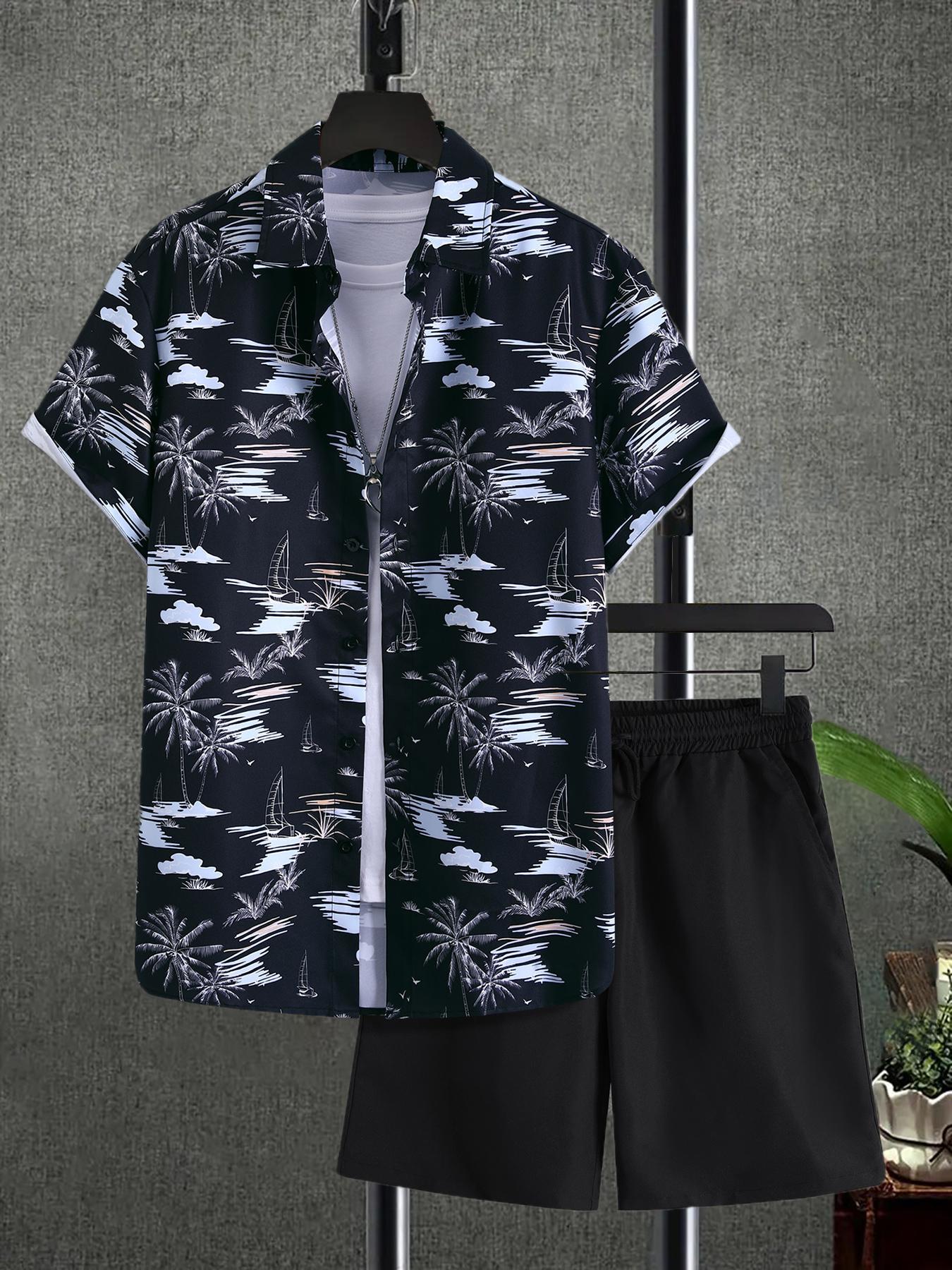 Two-Piece Set Men's Various Pattern Print Short Sleeve Pajama, Regular Fit Casual Comfy Button Front Collared Top & Drawstring Waist Pocket Design Shorts PJ Set, Men's Summer Sleepwear, Casual Pajamas Outfit