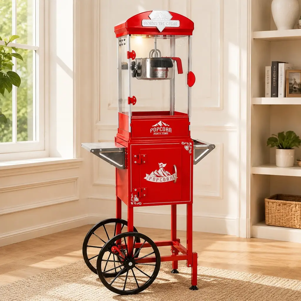 ARCH 10 Oz Popcorn Machine Cart with Wheels, Stainless Steel Kettle, One-Touch Operation, Portable Home Theater Concession Stand with Storage Cabinet, 3 Serving Spoons, Reject Kernel Tray, Red/Cyan/Black