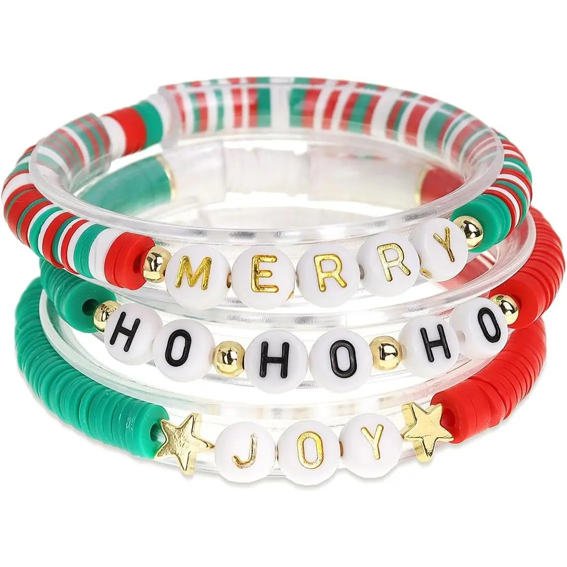Christmas Beaded Bracelets Set for Women,  Clay Beads Letter Xmas Stretch Bracelets Bulk, Boho Joy White Red Green Friendship Stackable Holiday