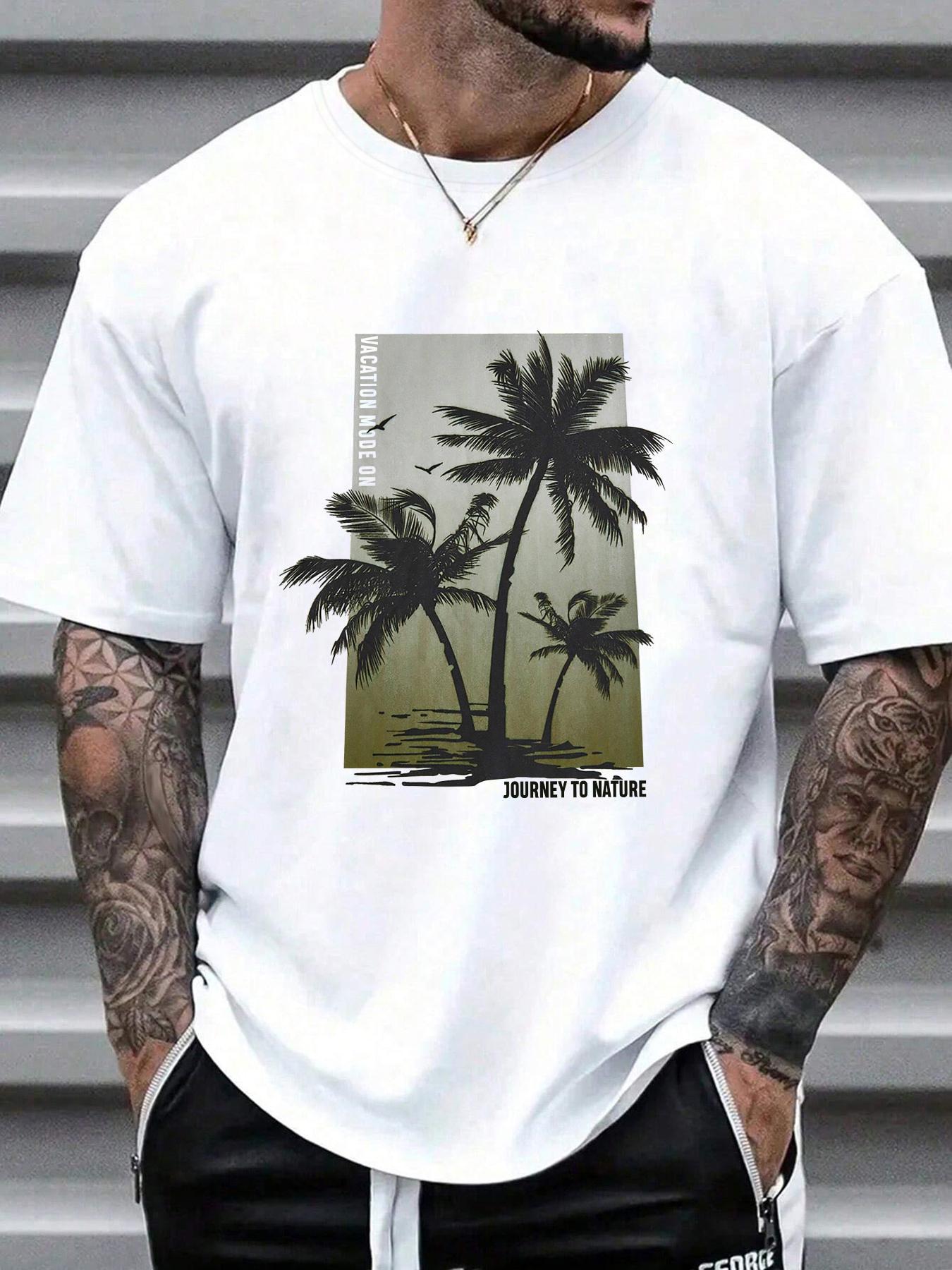Men's Tropical Coconut Tree & Letter Print Drop Shoulder Sleep Tee, Regular Fit Casual Soft Comfortable Short Sleeve Round Neck PJ T-Shirt for Daily Wear, Sleepwear Loungewear Menswear for Men